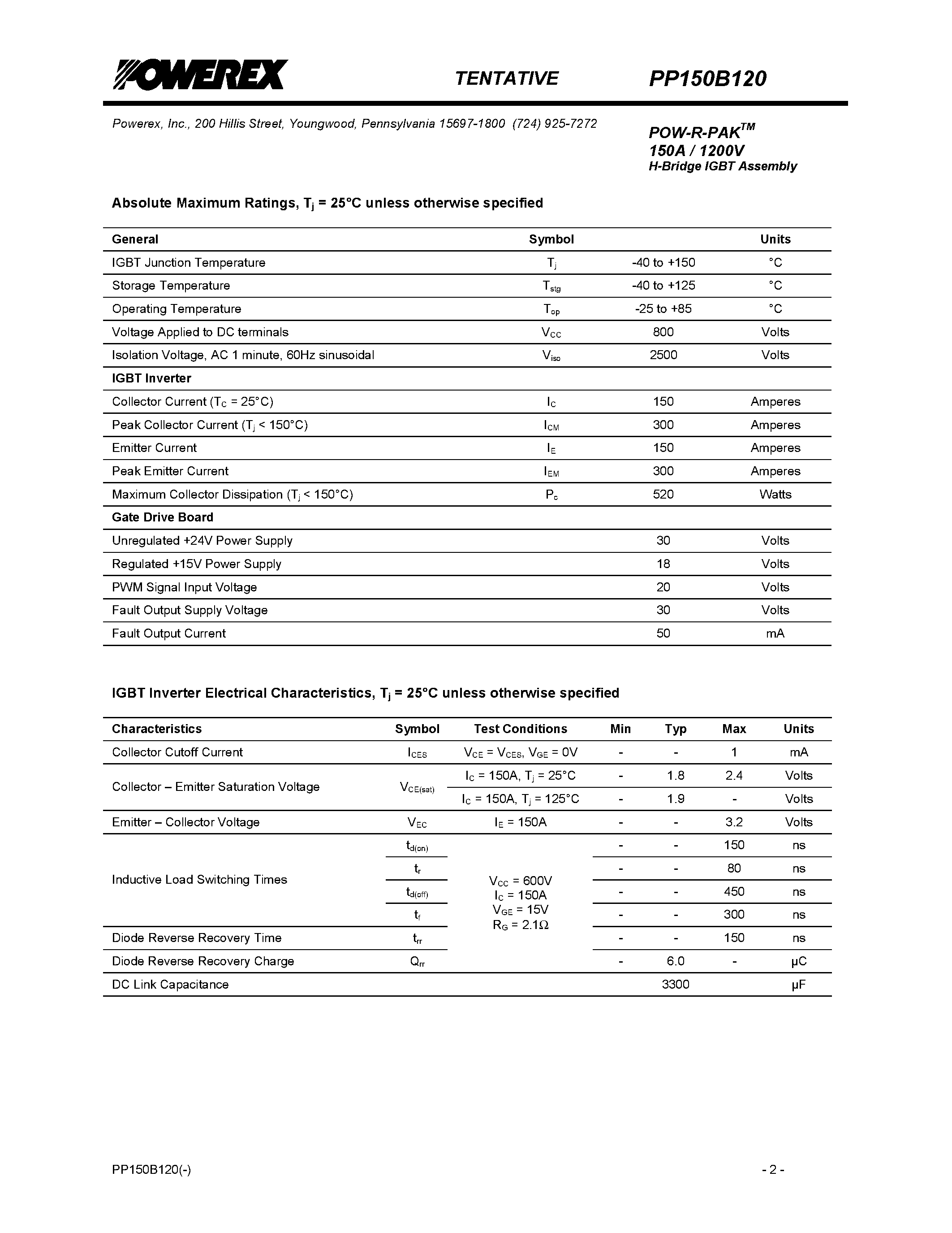 Datasheet PP150B120 page 2 Datasheet PP150B120 - POW-R-PAK 150A / 1200V H-Bridge IGBT Assembly page 2
