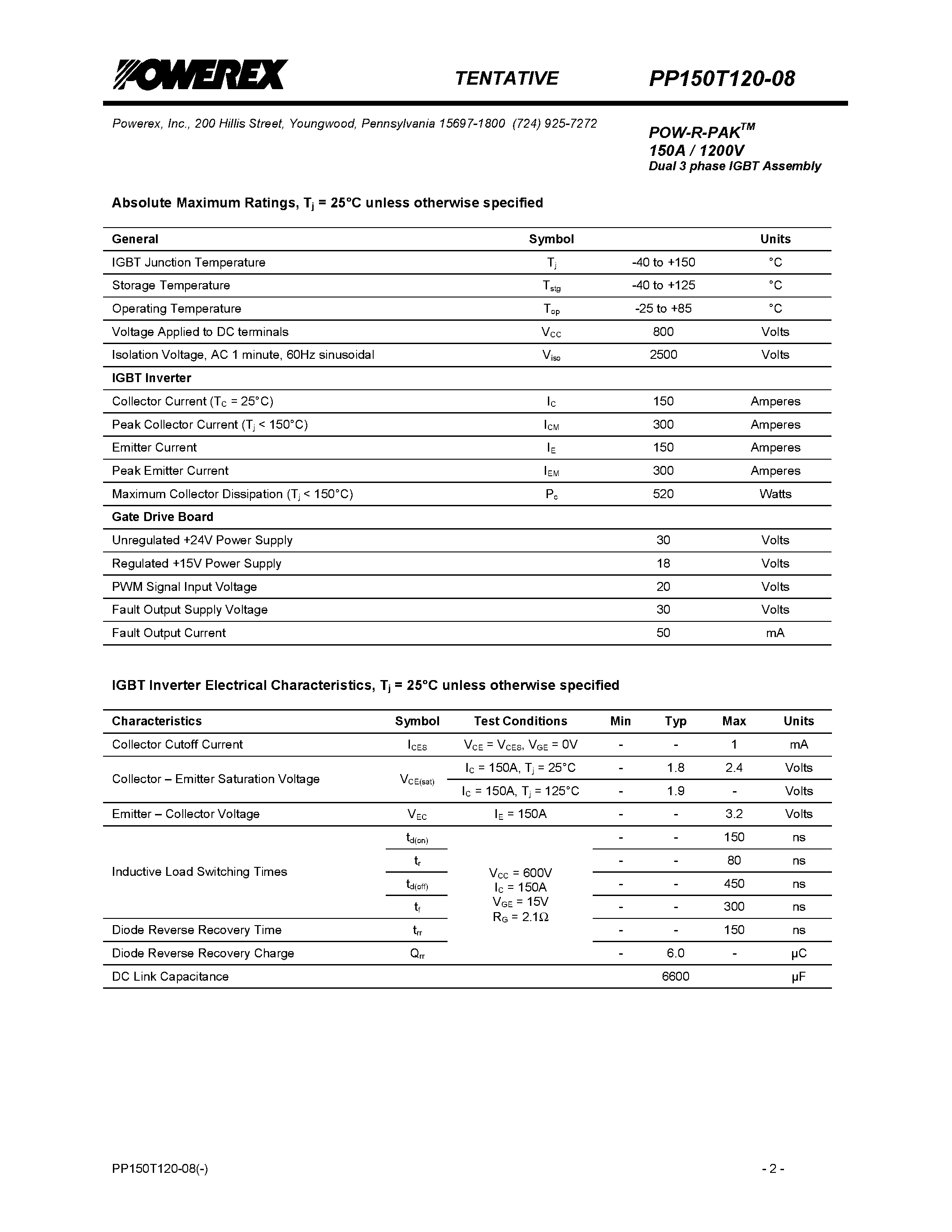 Datasheet PP150T120-08 - POW-R-PAK 150A / 1200V Dual 3 phase IGBT Assembly page 2