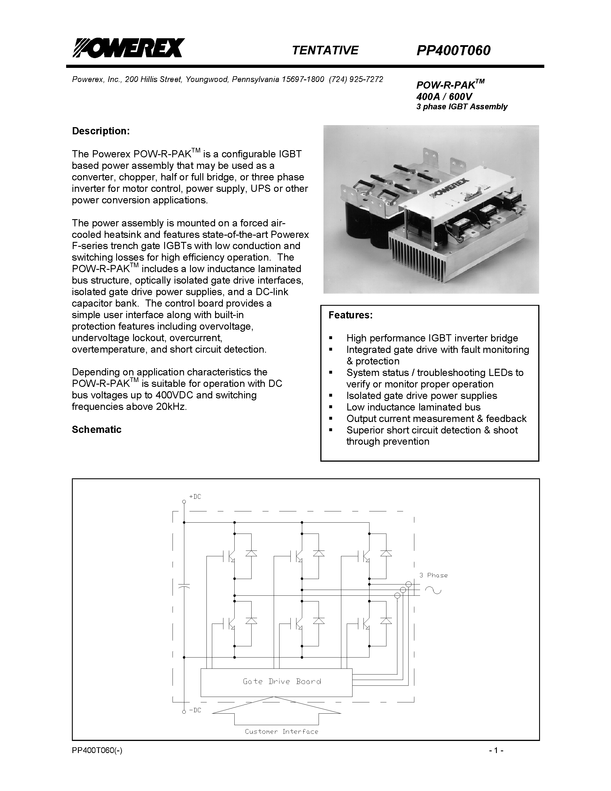 Datasheet PP400T060 - POW-R-PAK 400A / 600V 3 phase IGBT Assembly page 1
