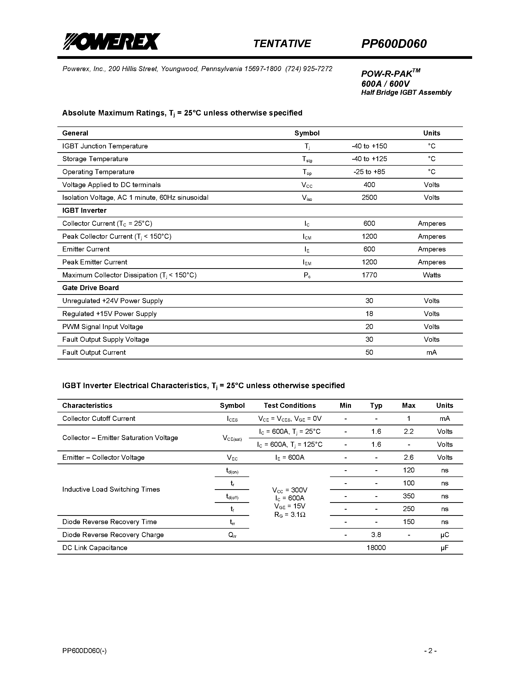 Datasheet PP600D060 - POW-R-PAK 600A / 600V Half Bridge IGBT Assembly page 2