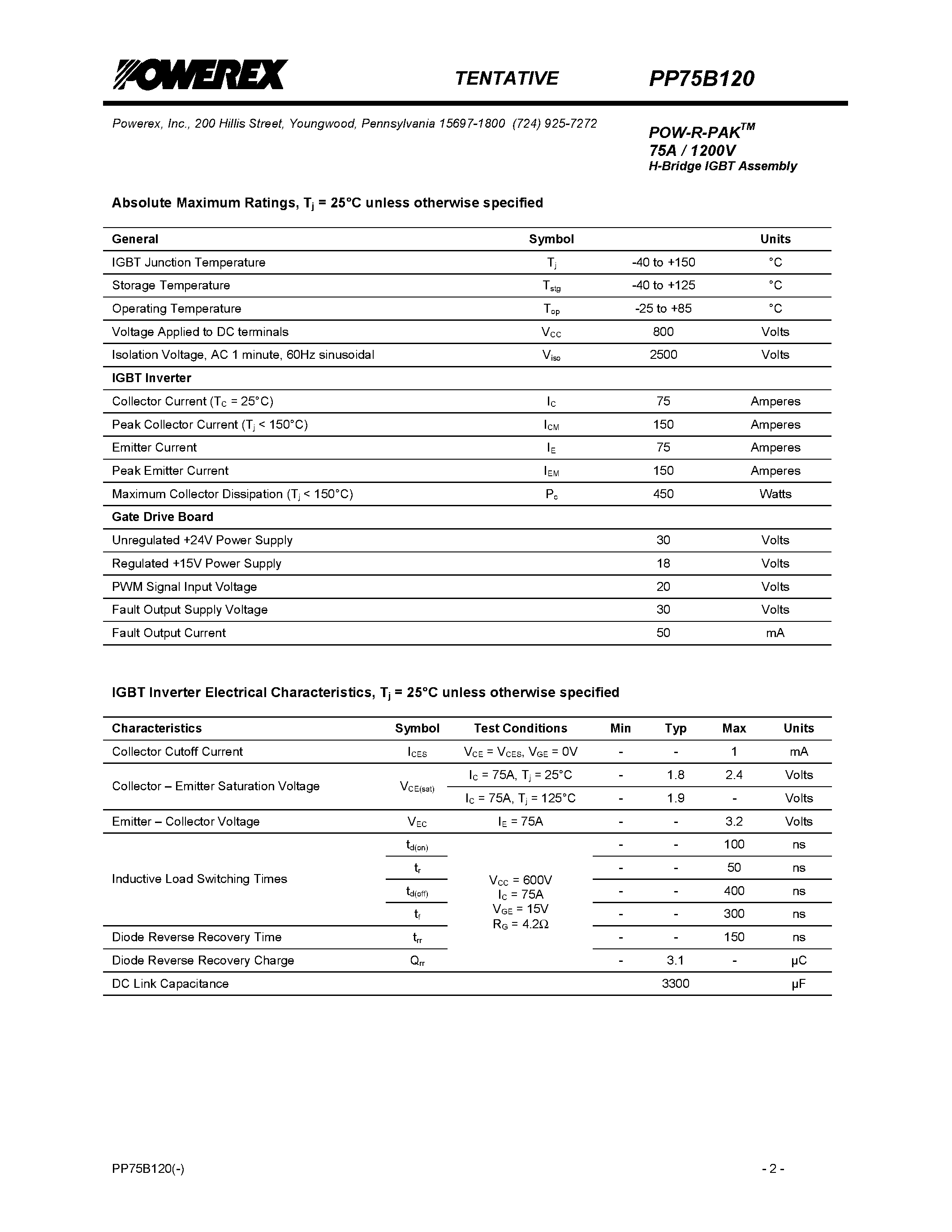 Datasheet PP75B120 - POW-R-PAK 75A / 1200V H-Bridge IGBT Assembly page 2