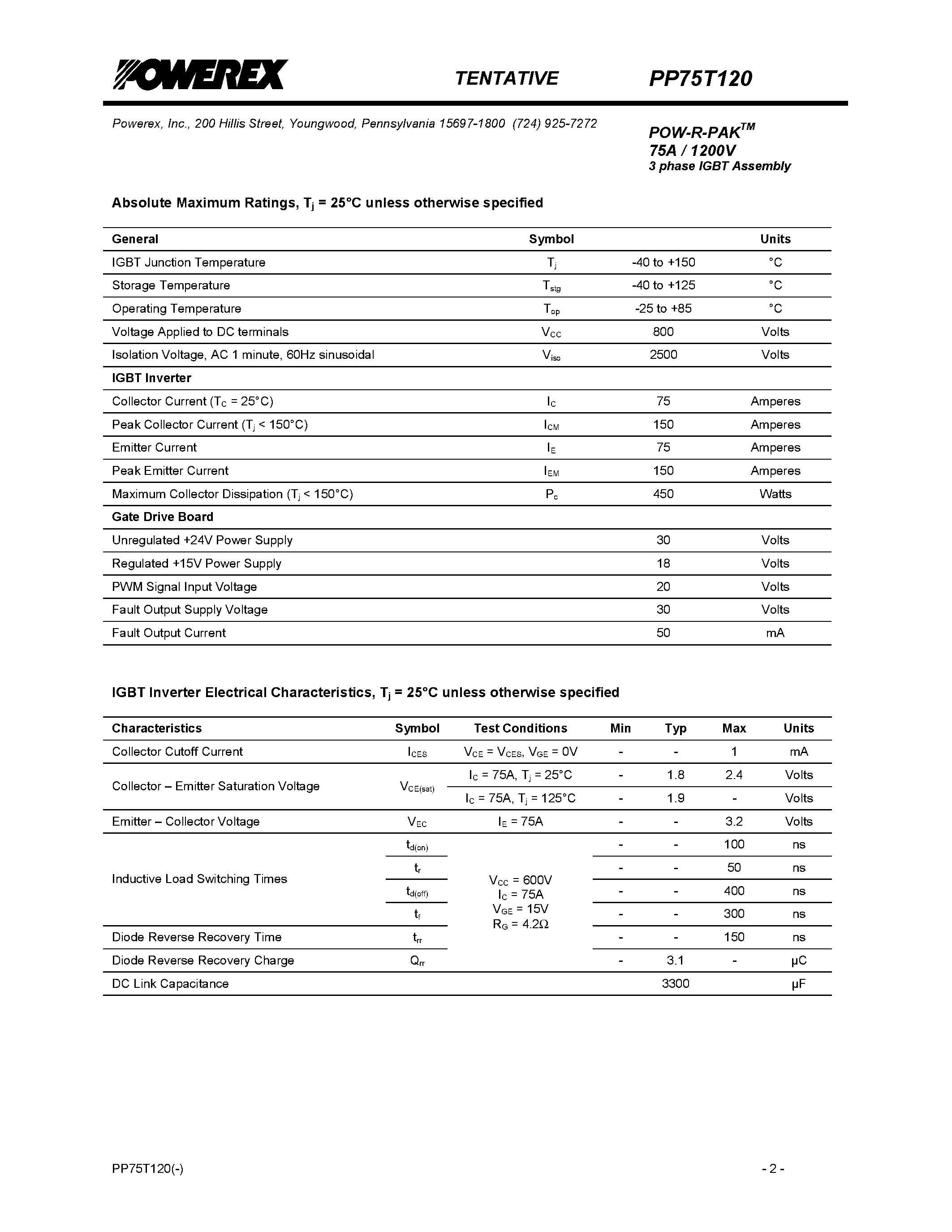 Даташит PP75T120 - POW-R-PAK 75A / 1200V 3 phase IGBT Assembly страница 2