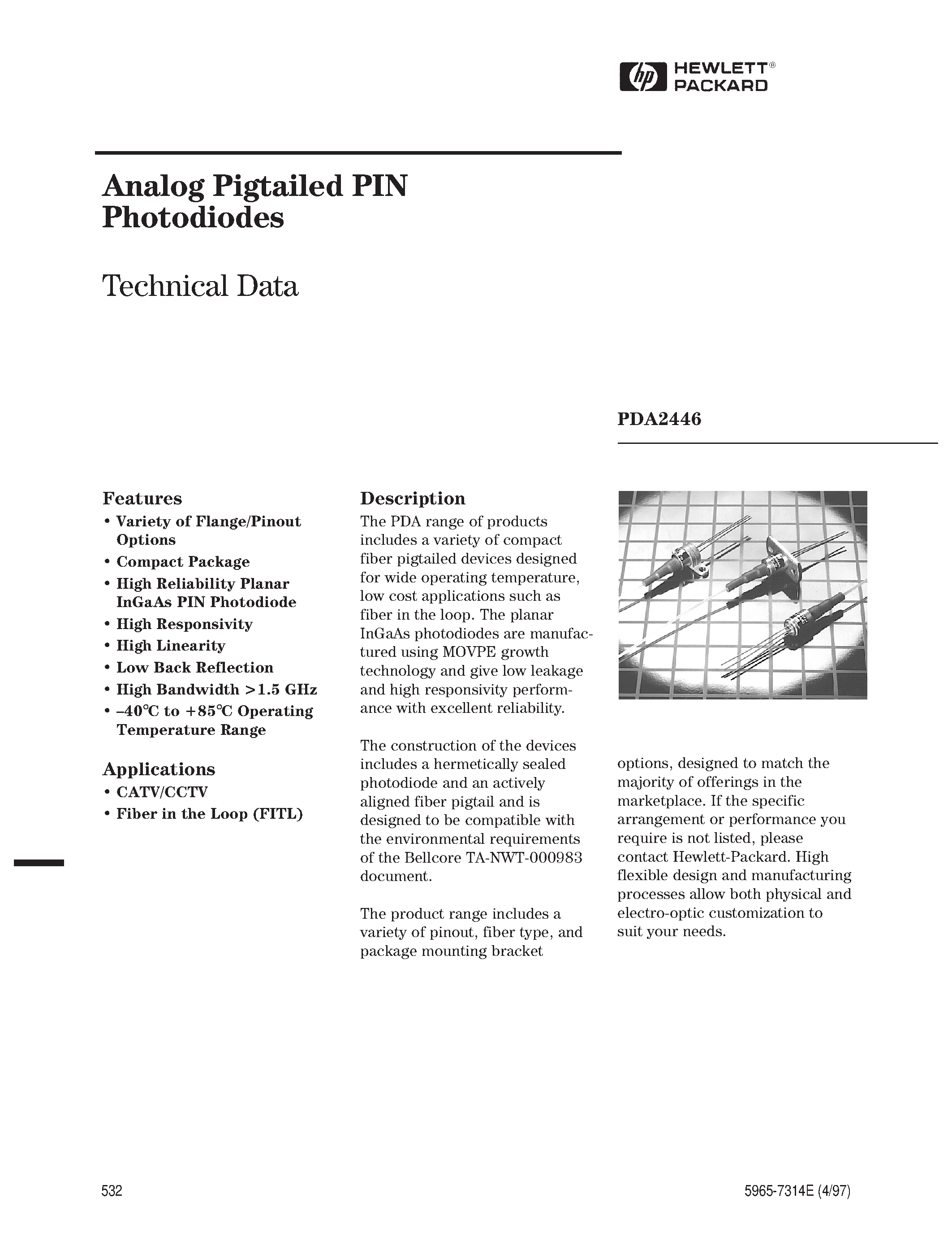 Datasheet PPA1052-A-ST - Analog Pigtailed PIN Photodiodes page 1