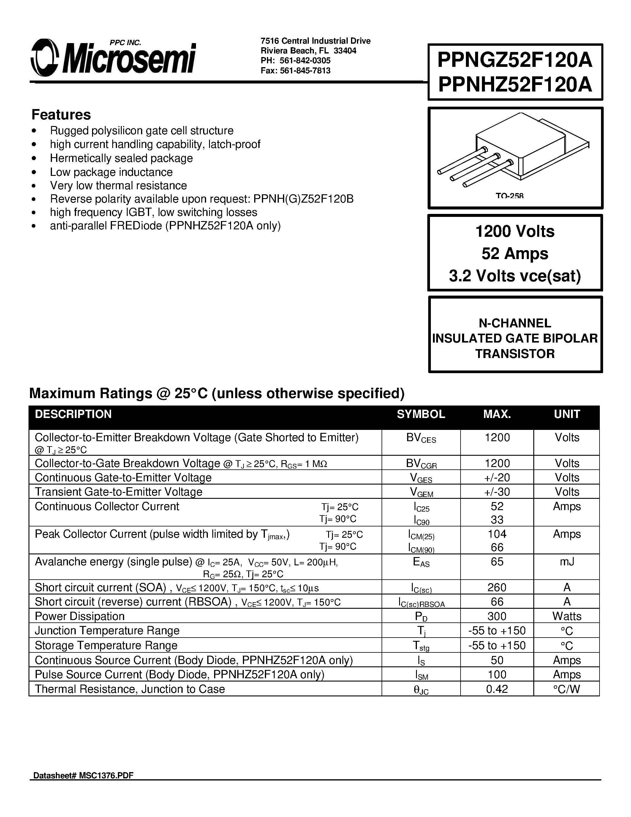 Datasheet PPNGZ52F120A - N-CHANNEL INSULATED GATE BIPOLAR TRANSISTOR page 1