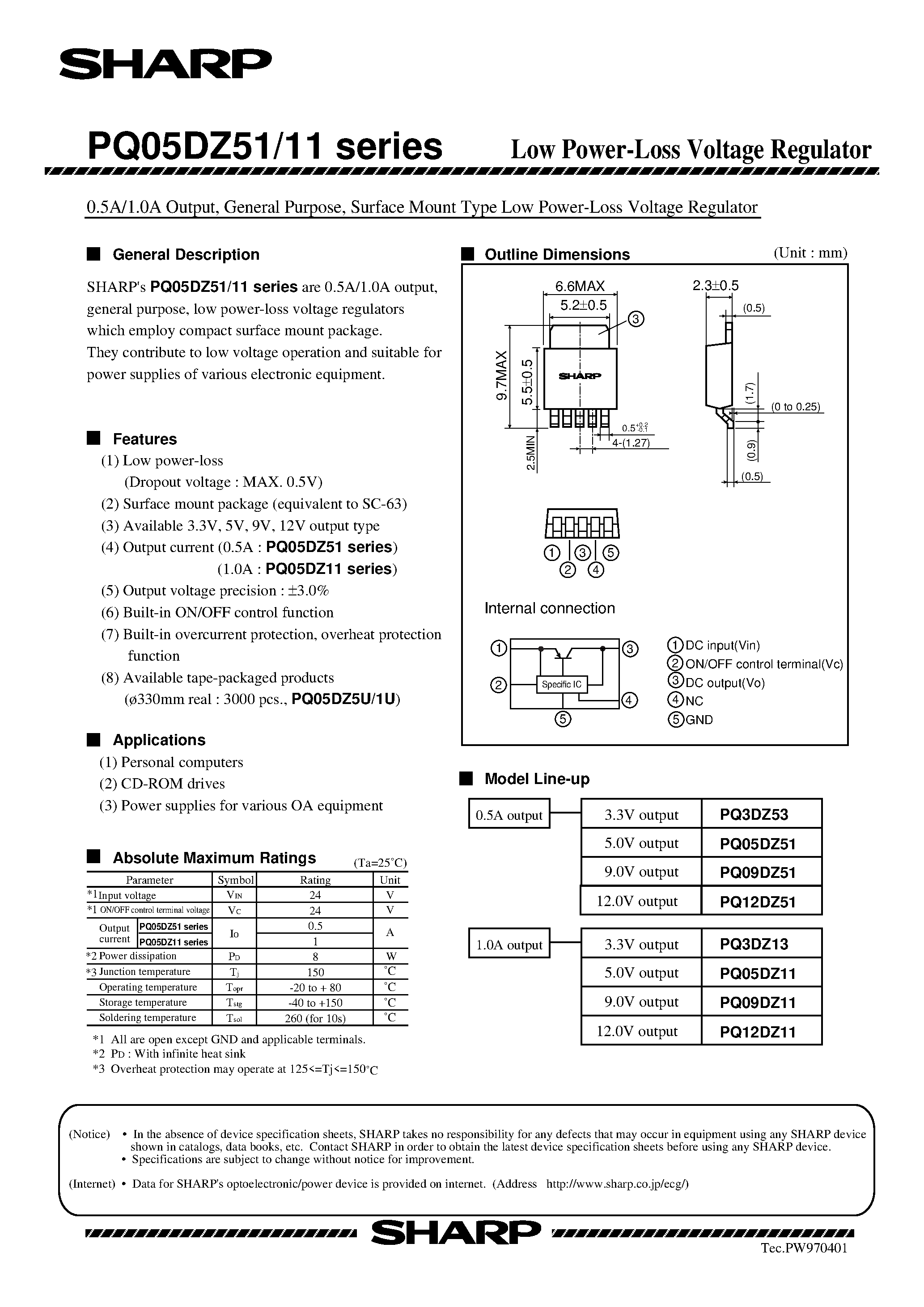 Datasheet PQ05DZ51 - 0.5A/1.0A Output / General Purpose / Surface Mount Type Low Power-Loss Voltage Regulator page 1