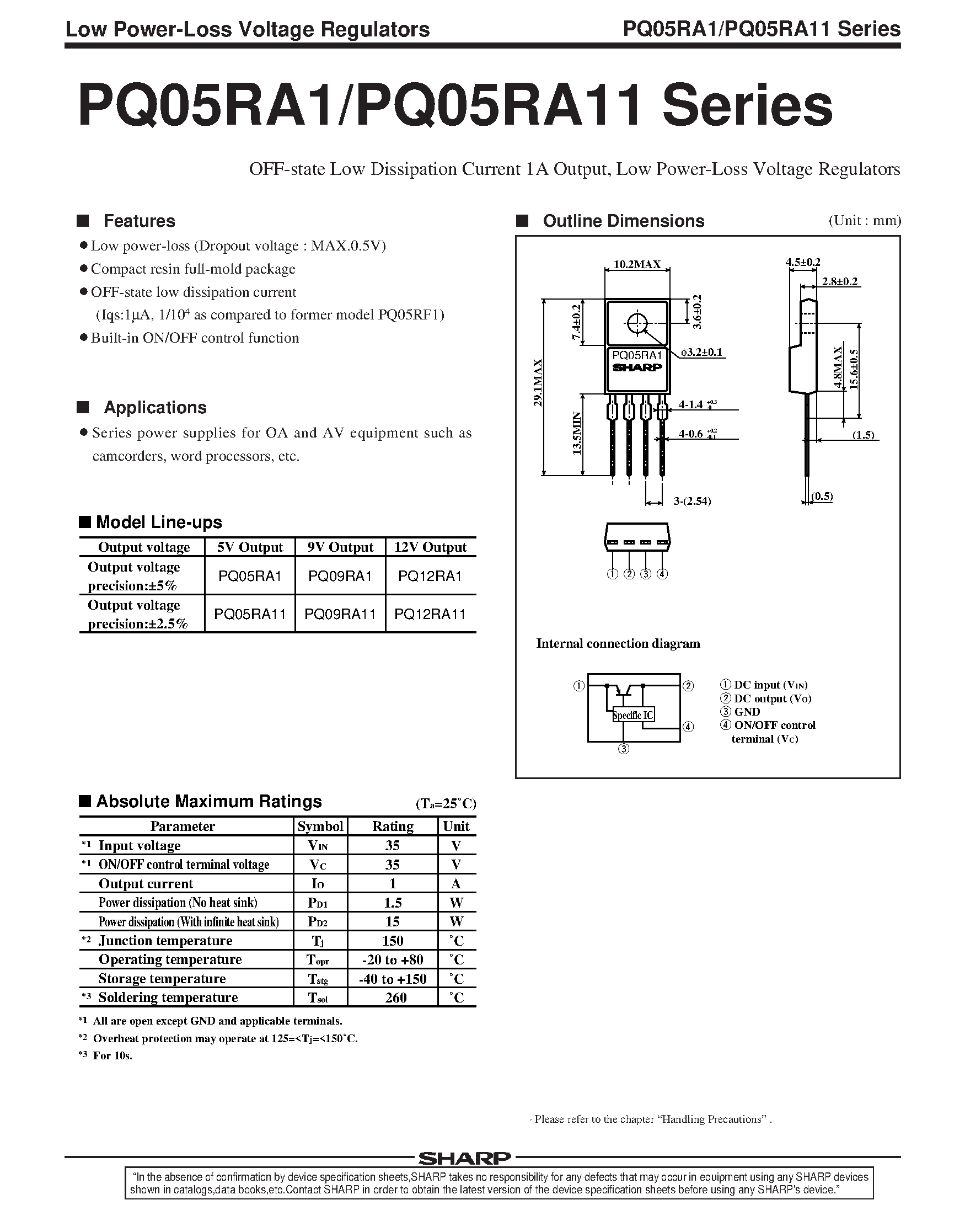 Datasheet PQ05RA11 - OFF-state Low Dissipation Current 1A Output / Low Power-Loss Voltage Regulators page 1