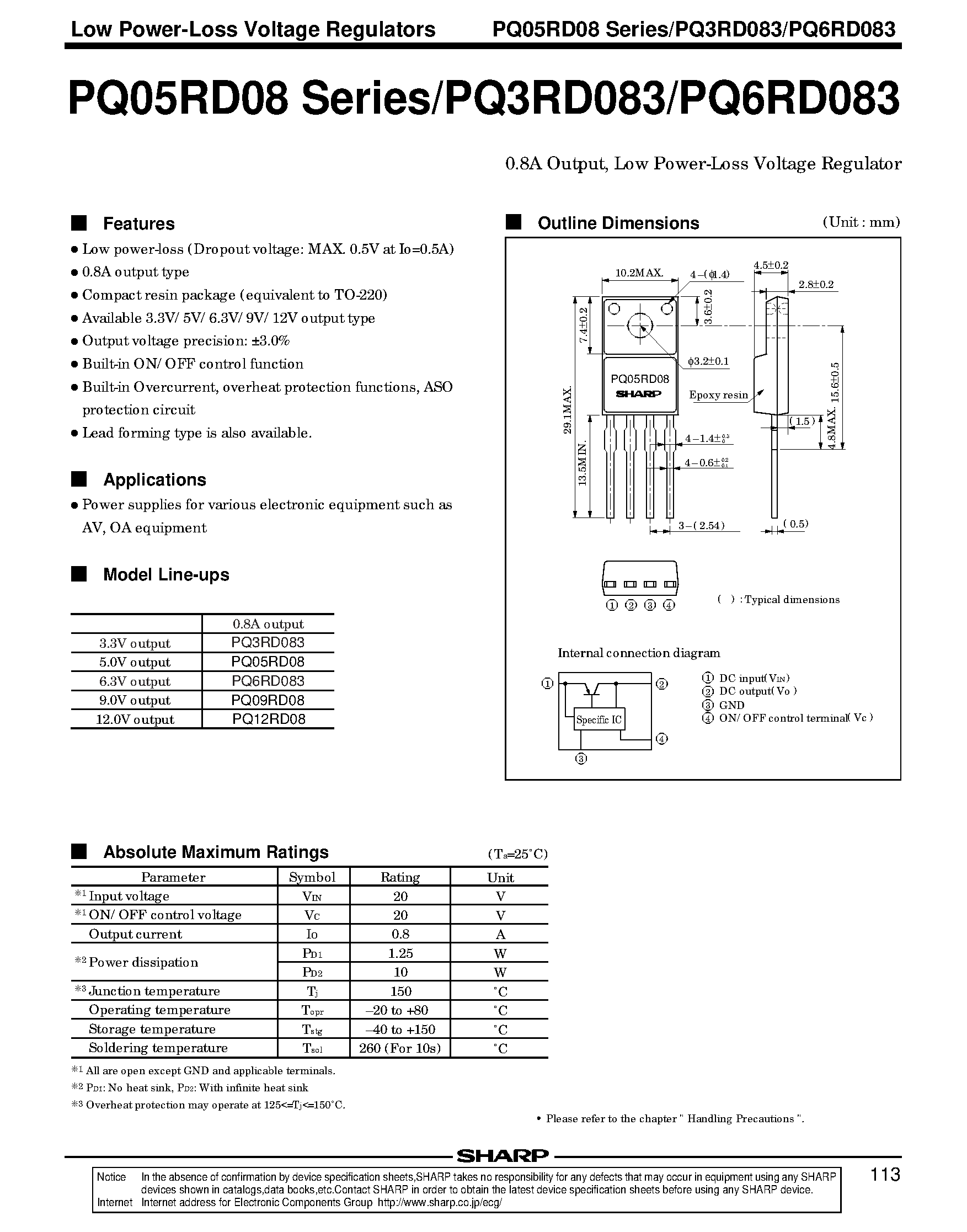 Datasheet PQ05RD08 - 0.8A OUTPUT LOW POWER LOSS VOLTAGE REGULATOR page 1