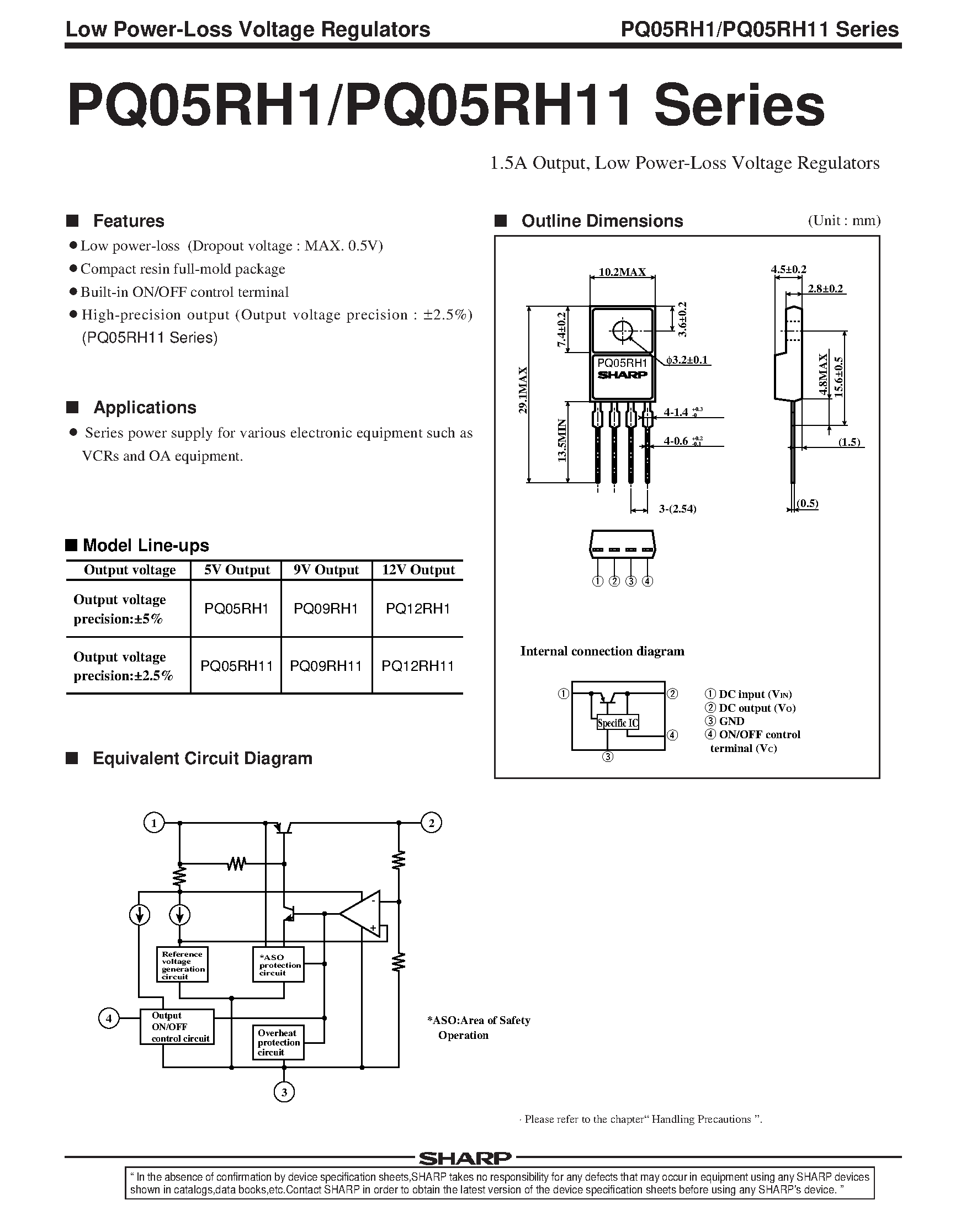 Datasheet PQ05RH11 - 1.5A Output / Low Power-Loss Voltage Regulators page 1