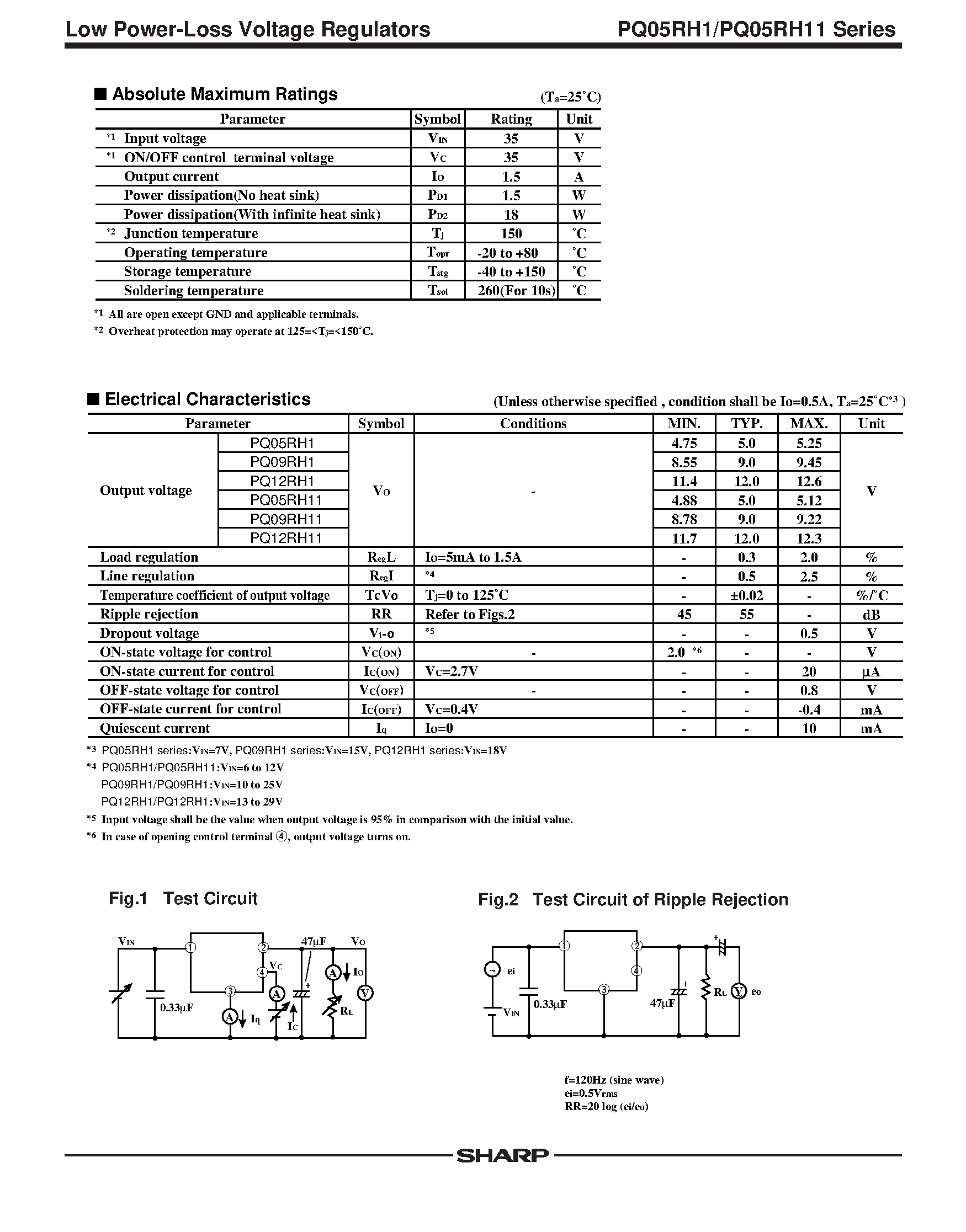 Datasheet PQ05RH11 - 1.5A Output / Low Power-Loss Voltage Regulators page 2