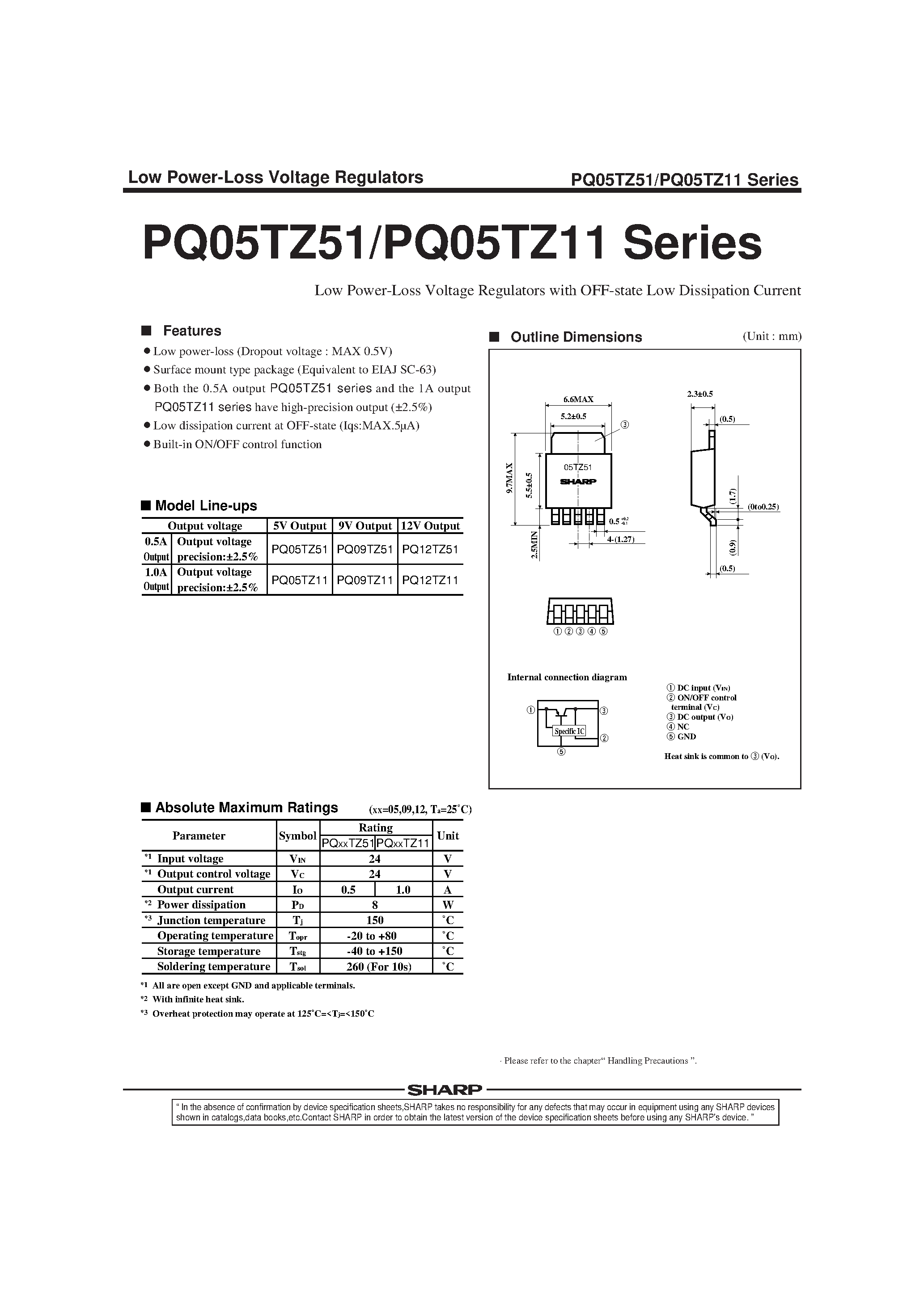 Datasheet PQ05TZ51 page 1 Datasheet PQ05TZ51 - Low Power-Loss Voltage Regulators with OFF-state Low Dissipation Current page 1