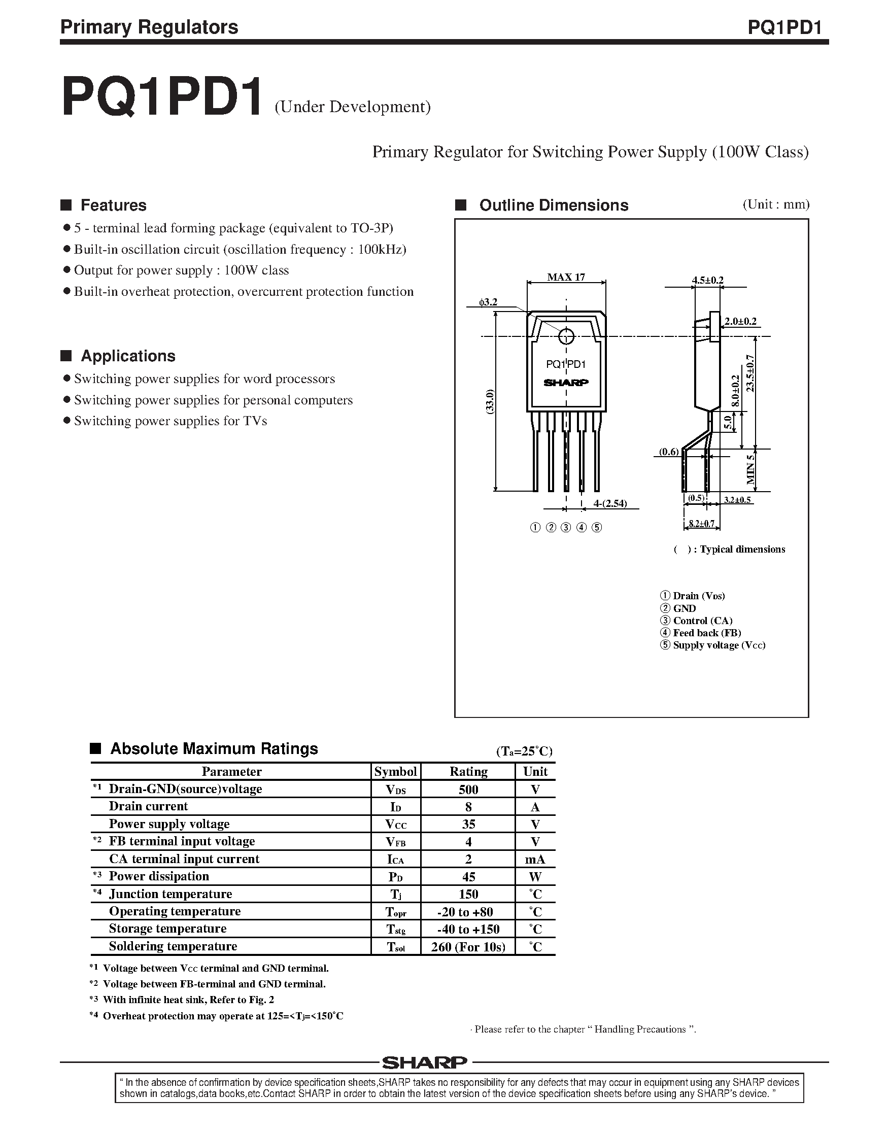 Datasheet PQ1PD1 page 1 Datasheet PQ1PD1 - Primary Regulator for Switching Power Supply (100W Class) page 1