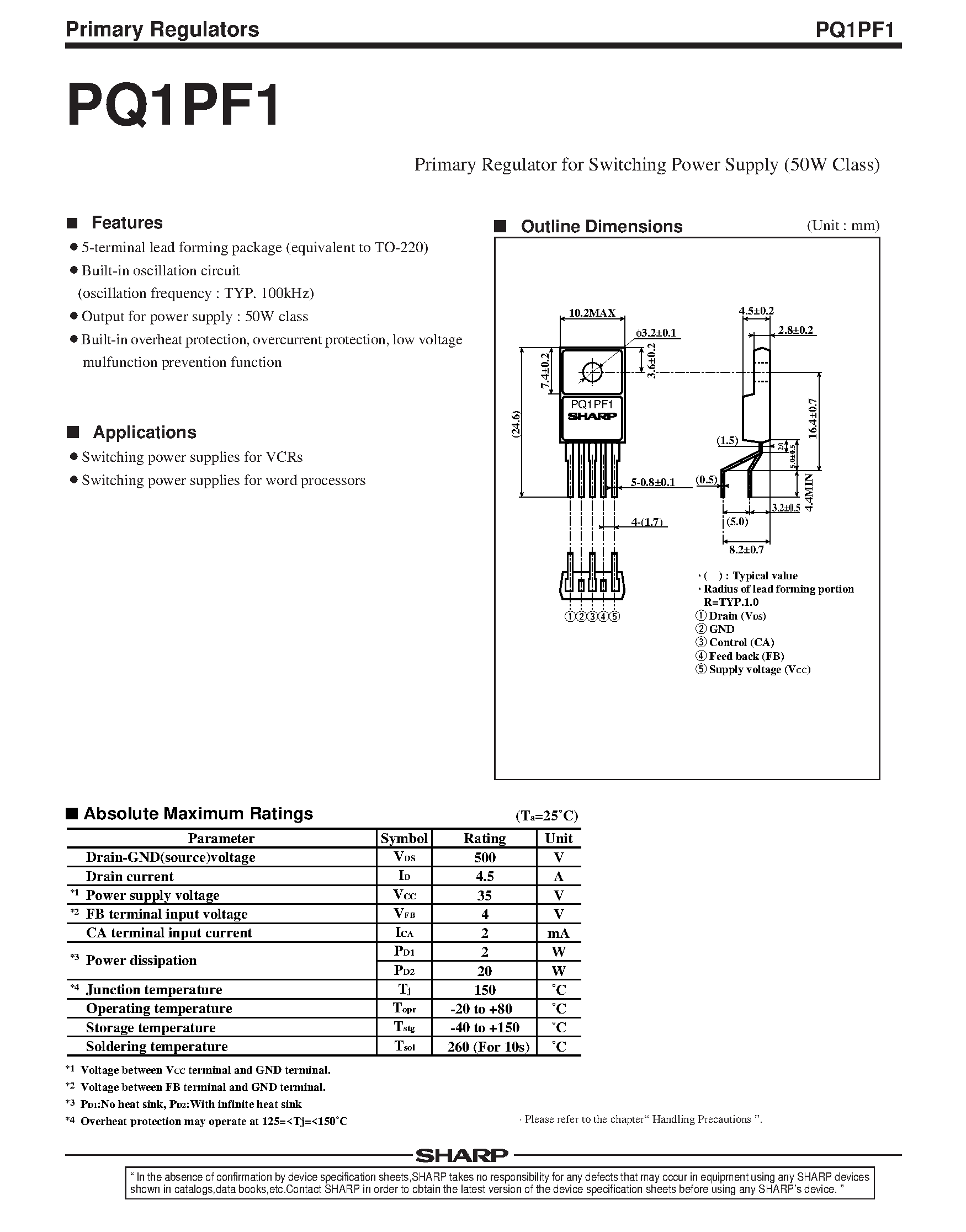Datasheet PQ1PF1 - Primary Regulator for Switching Power Supply (50W Class) page 1
