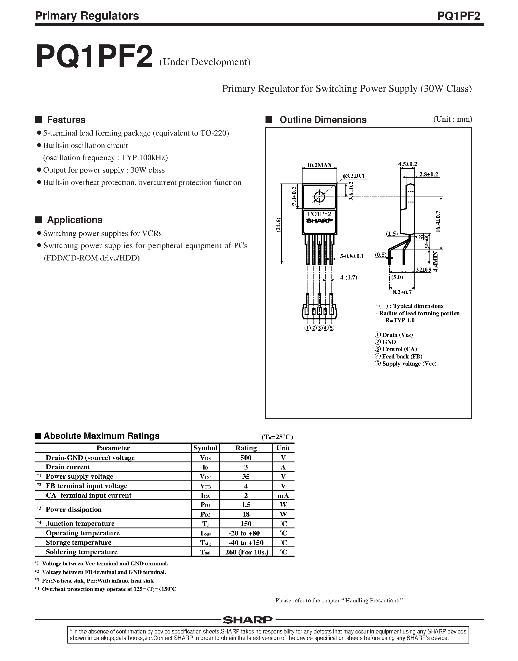 Datasheet PQ1PF2 page 1 Datasheet PQ1PF2 - Primary Regulator for Switching Power Supply (30W Class) page 1