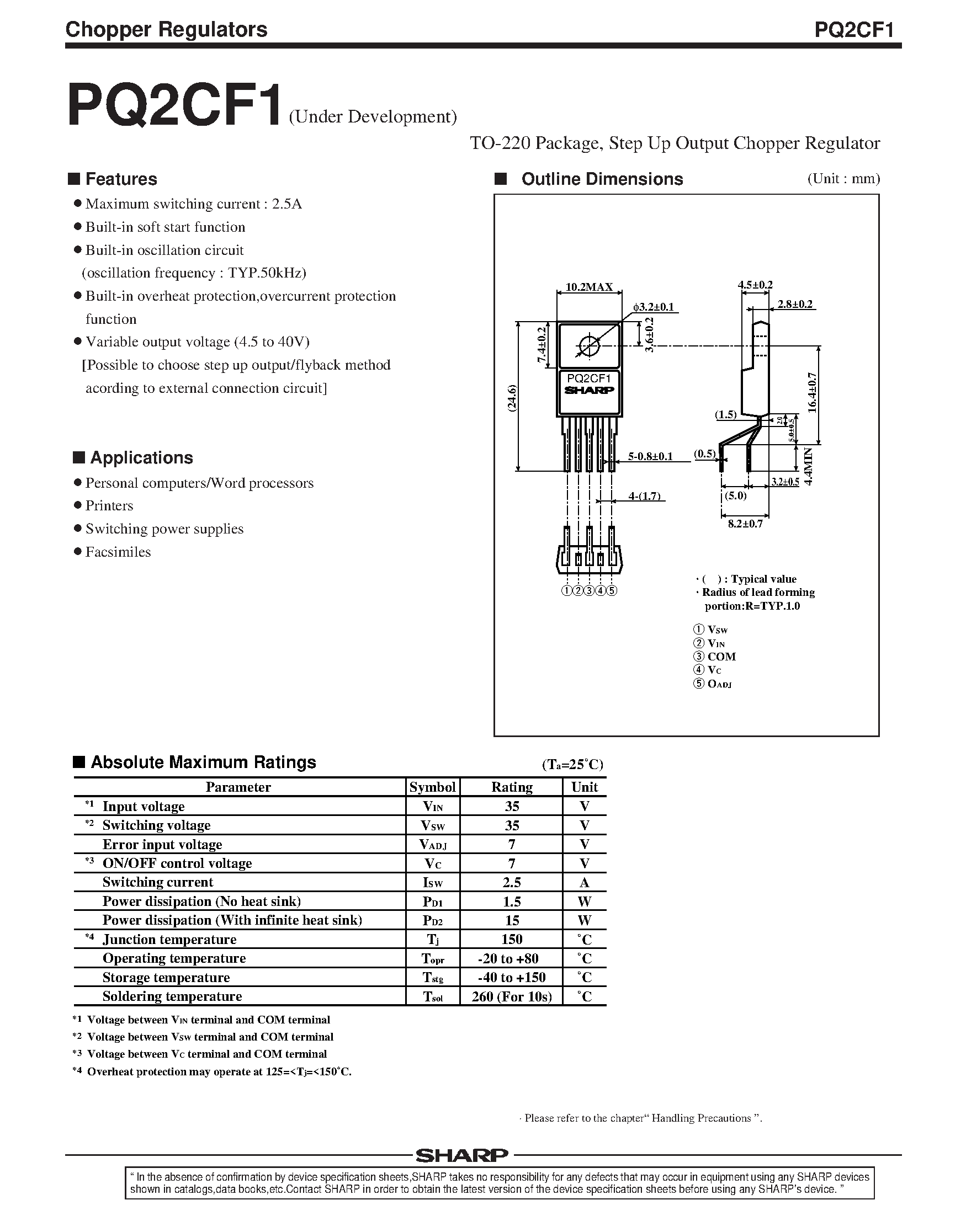 Datasheet PQ2CF1 - TO-220 Package / Step Up Output Chopper Regulator page 1