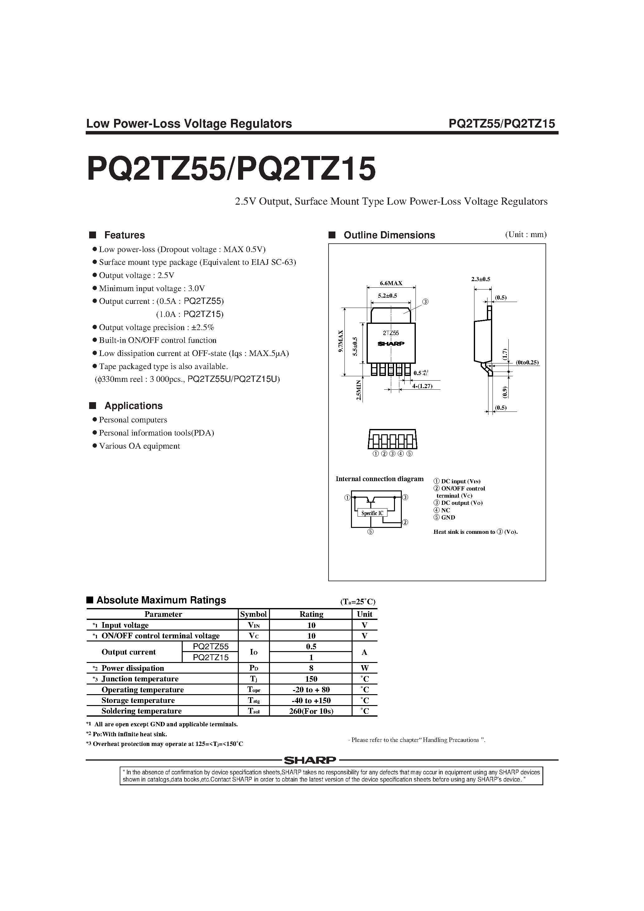 Datasheet PQ2TZ15 - 2.5V Output / Surface Mount Type Low Power-Loss Voltage Regulators page 1