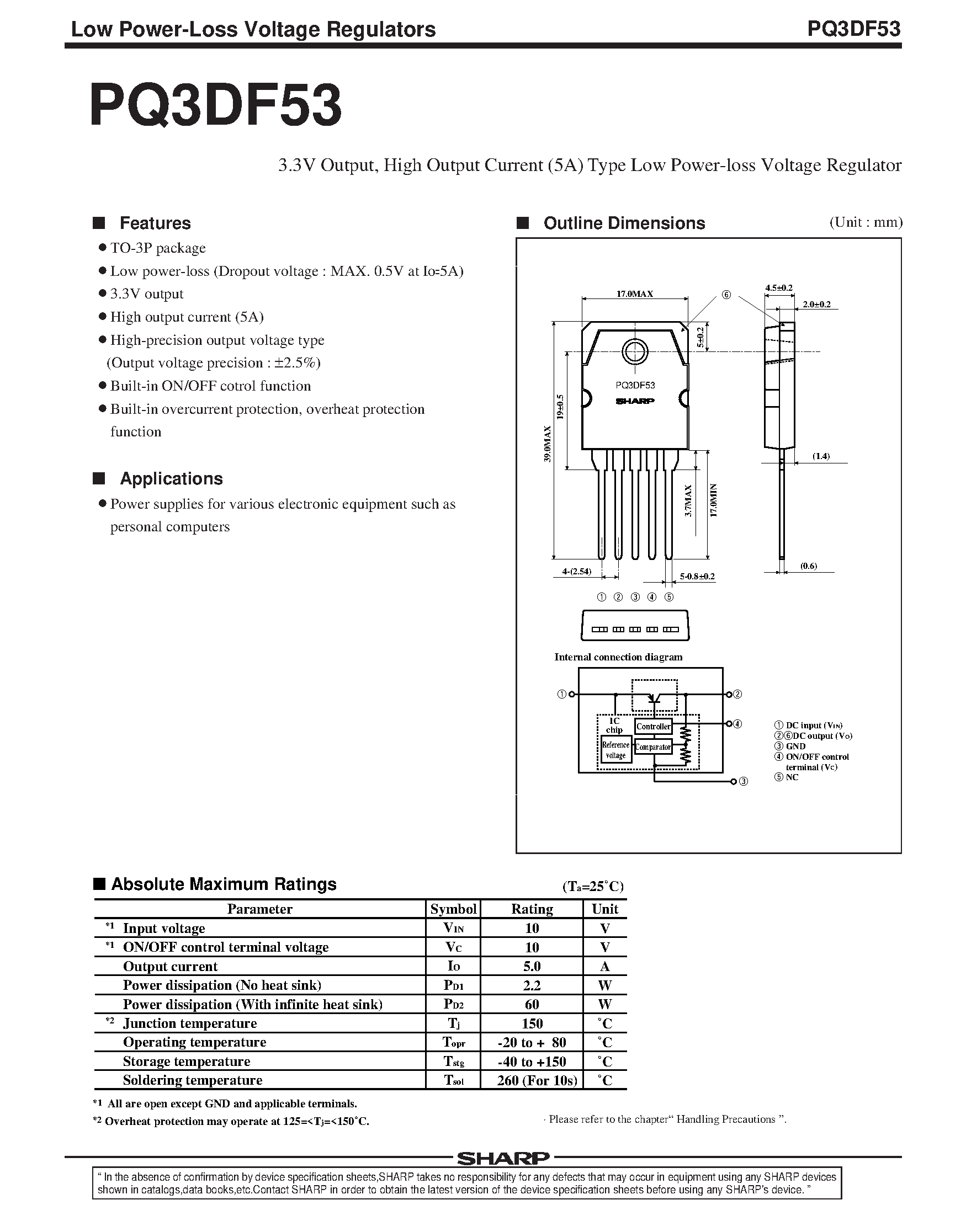 Datasheet PQ3DF53 - 3.3V Output / High Output Current (5A) Type Low Power-loss Voltage Regulator page 1