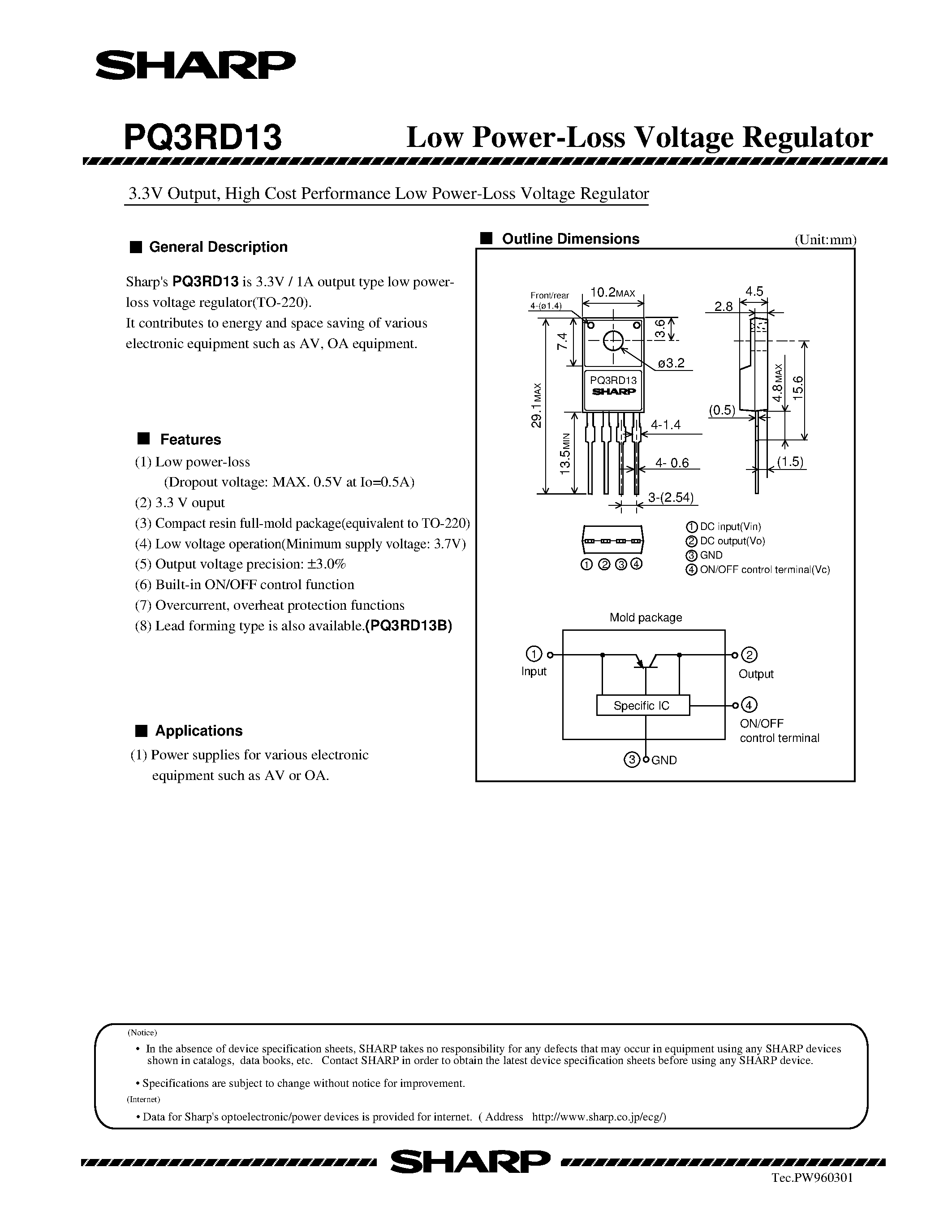 Datasheet PQ3RD13 - 3.3V Output / High Cost Performance Low Power-Loss Voltage Regulator page 1