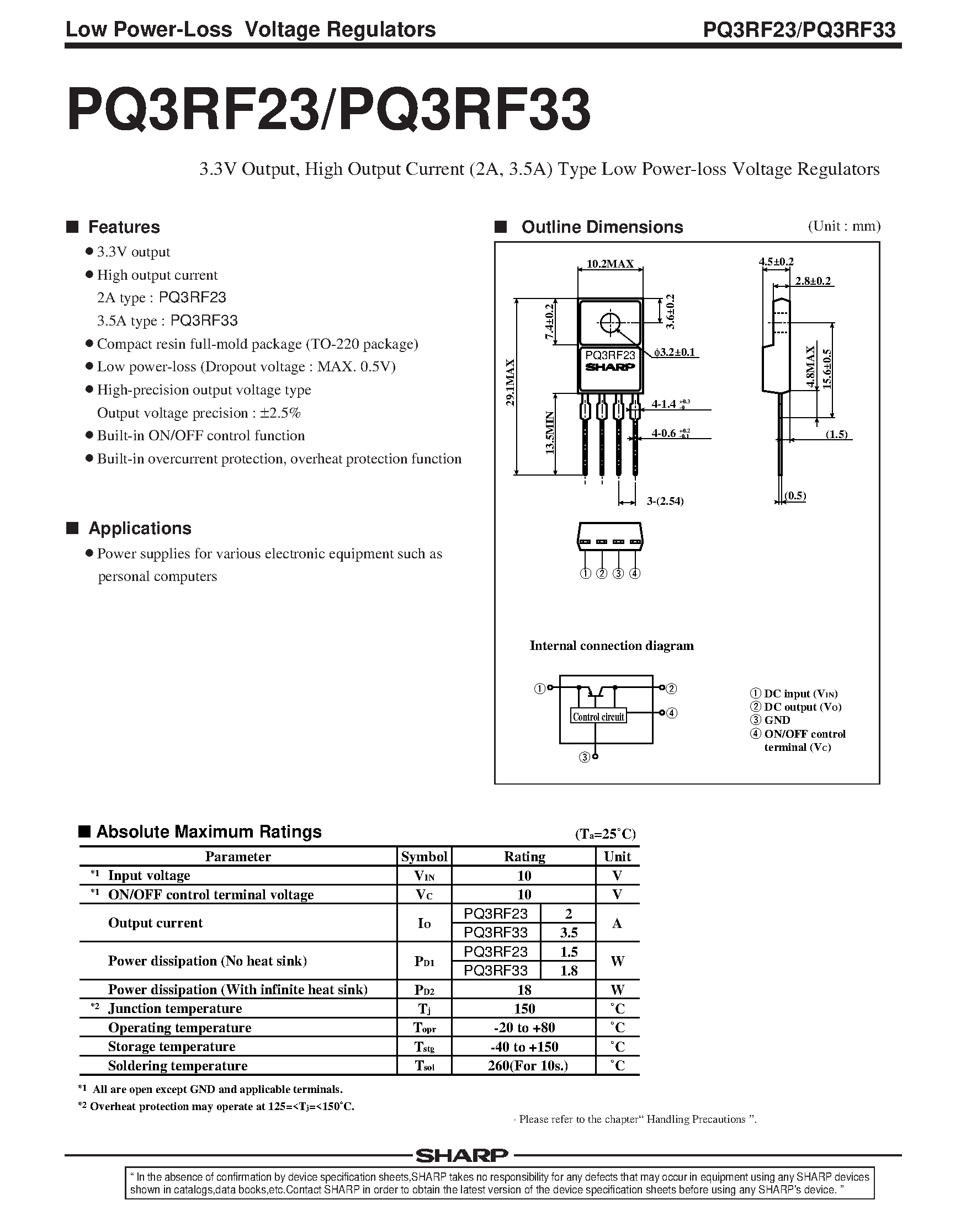Datasheet PQ3RF33 - 3.3V Output / High Output Current (2A / 3.5A) Type Low Power-loss Voltage Regulators page 1