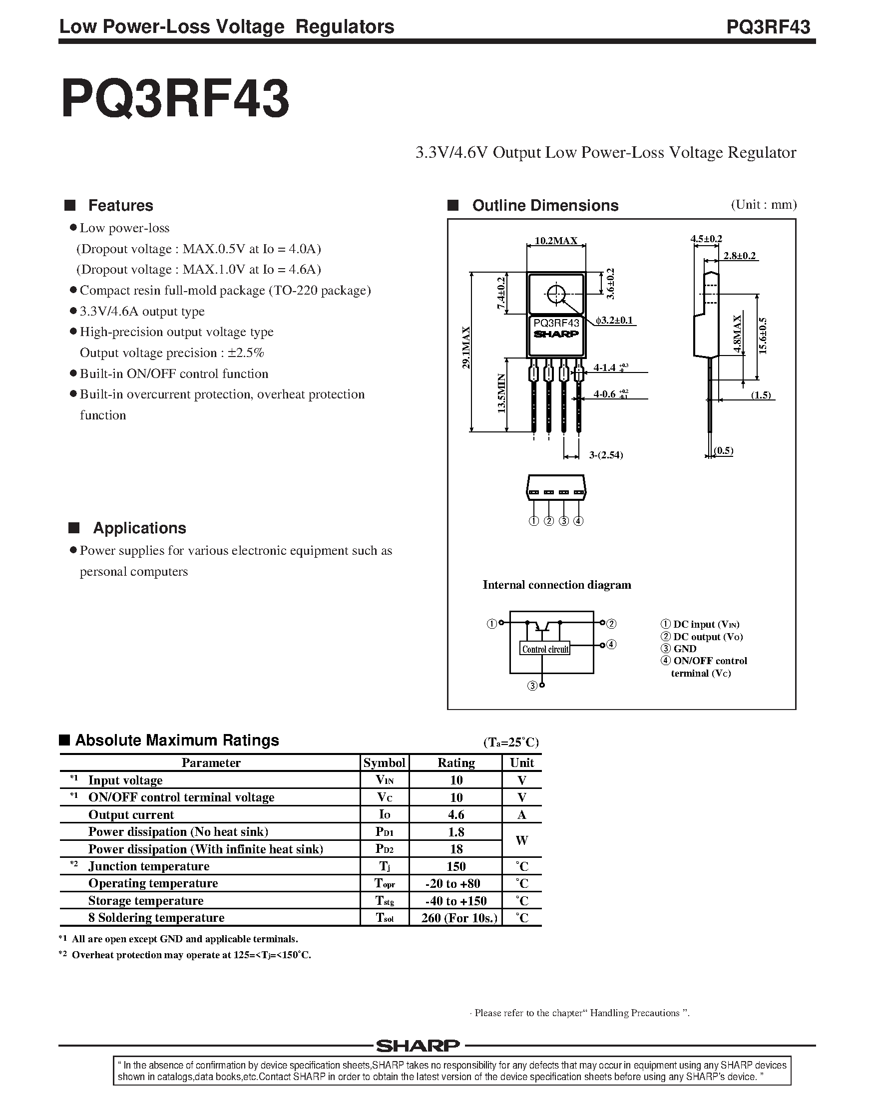 Даташит PQ3RF43 - 3.3V/4.6V Output Low Power-Loss Voltage Regulator страница 1