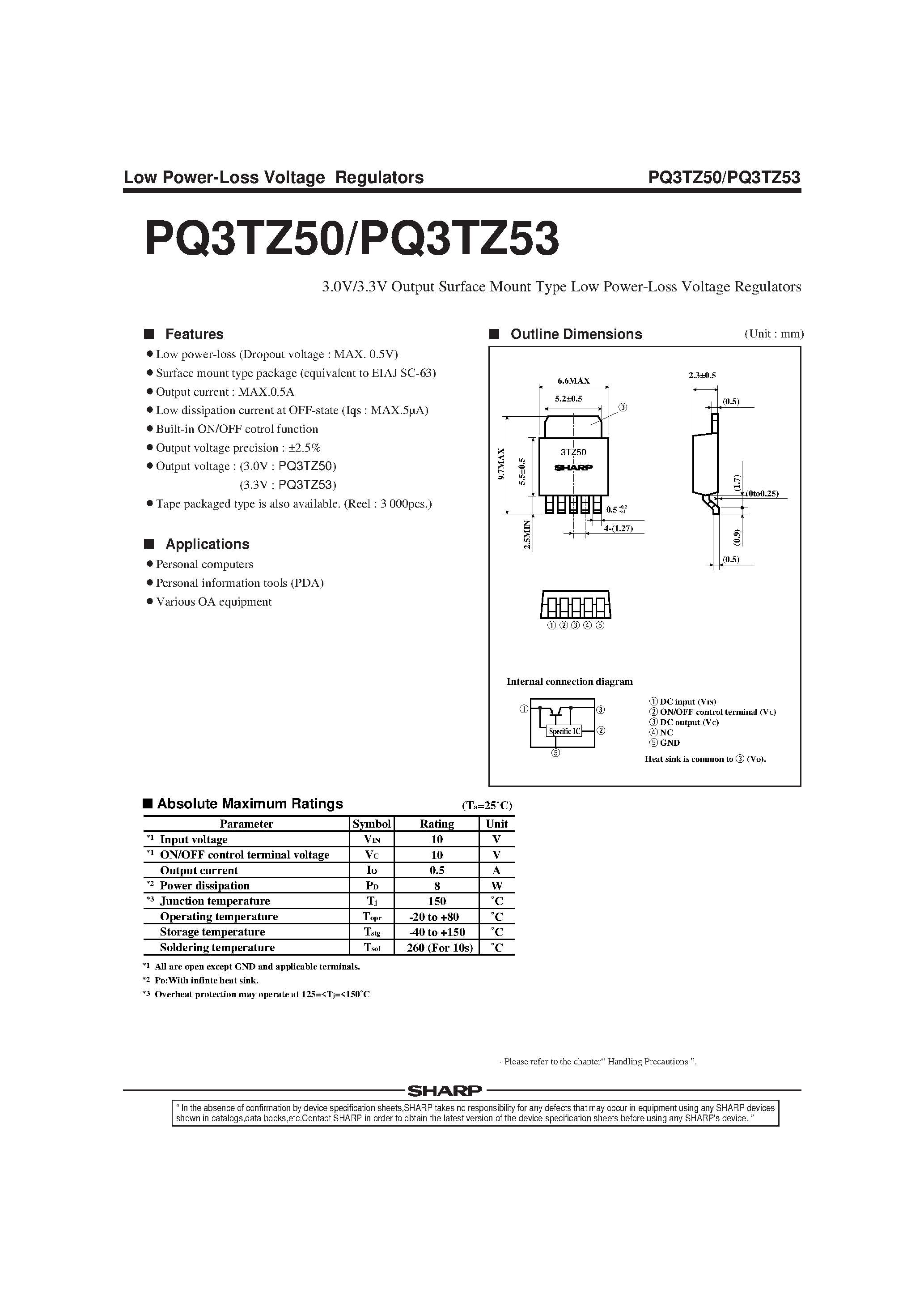 Datasheet PQ3TZ53 - 3.0V/3.3V Output Surface Mount Type Low Power-Loss Voltage Regulators page 1