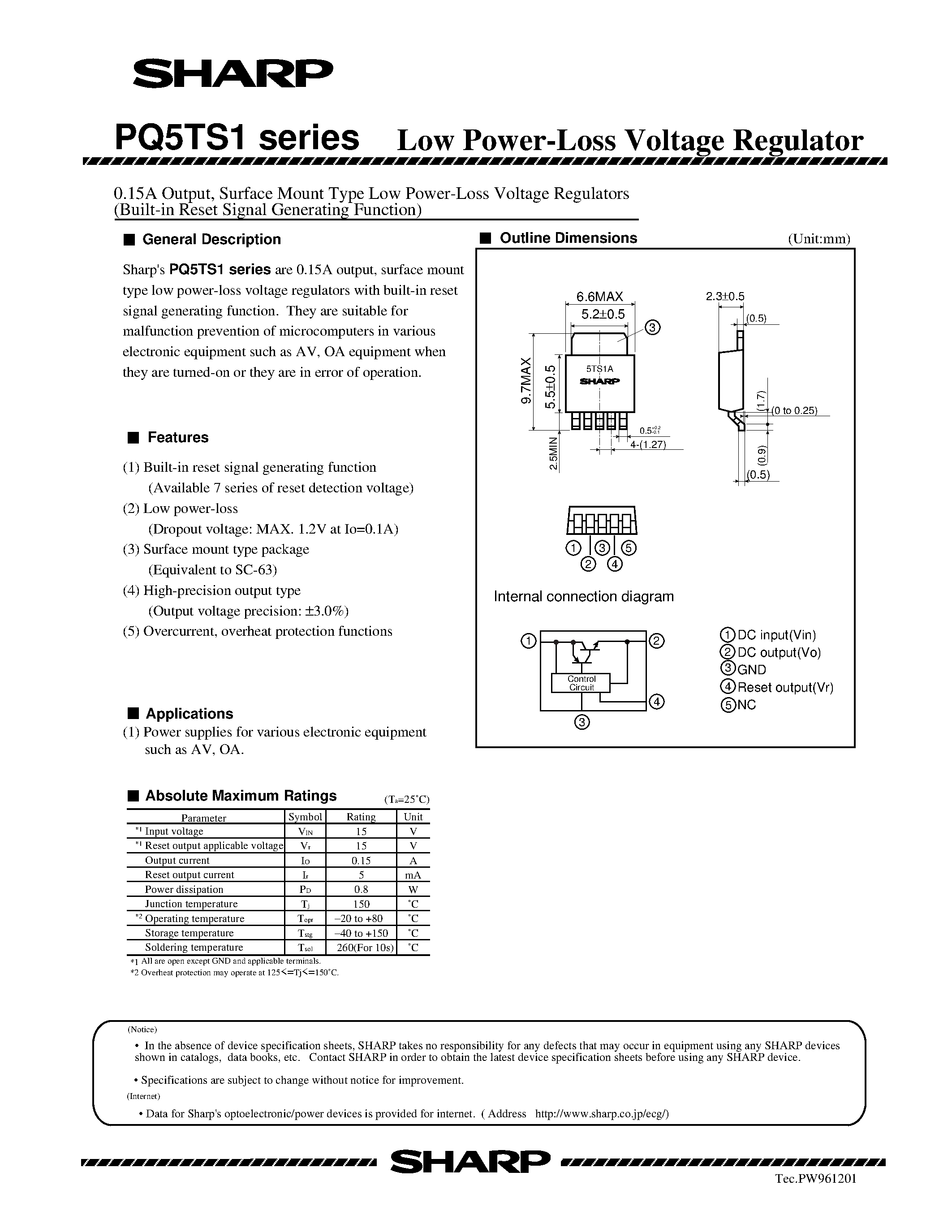 Datasheet PQ5TS1 - 0.15A Output / Surface Mount Type Low Power-Loss Voltage Regulators page 1