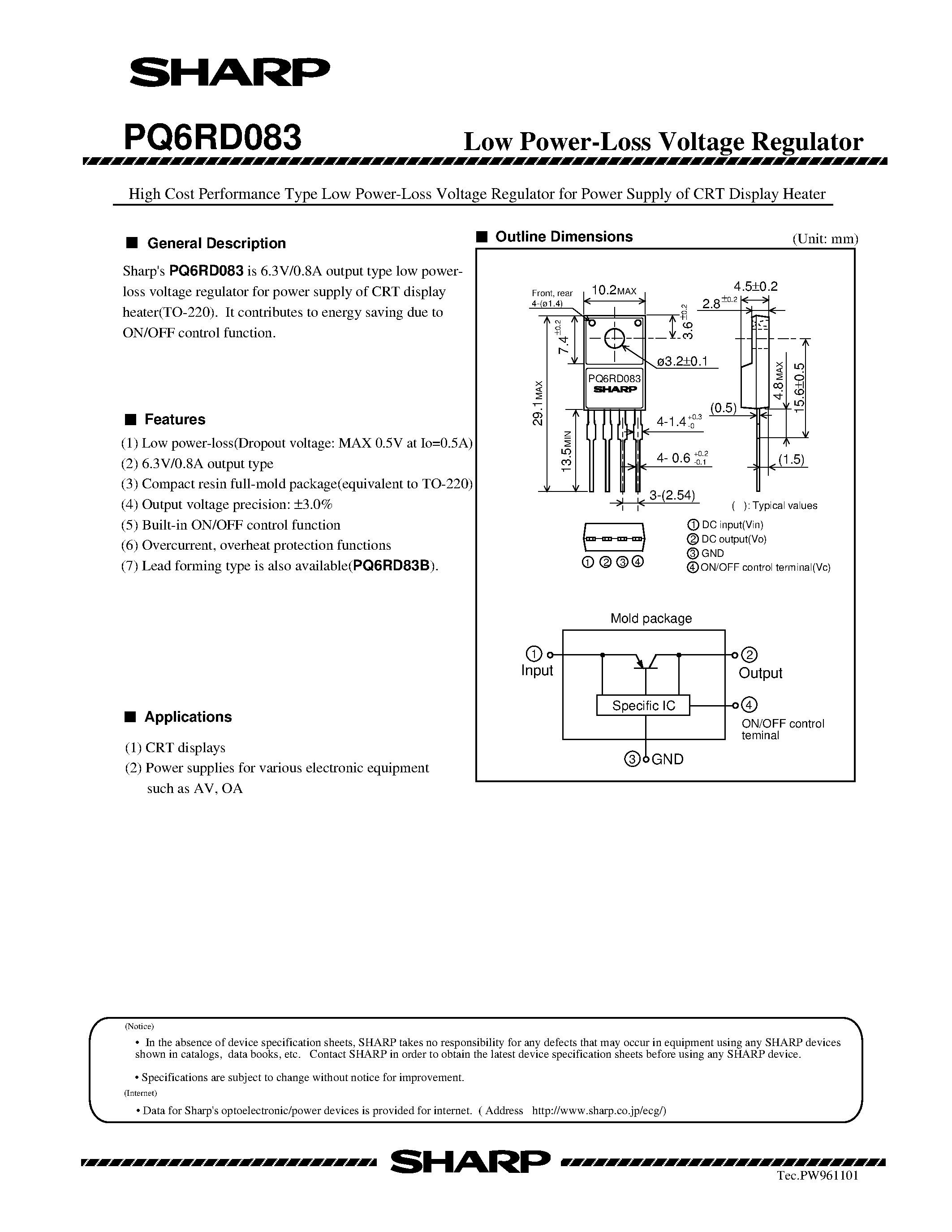 Datasheet PQ6RD083 - 0.8A OUTPUT LOW POWER LOSS VOLTAGE REGULATOR page 1