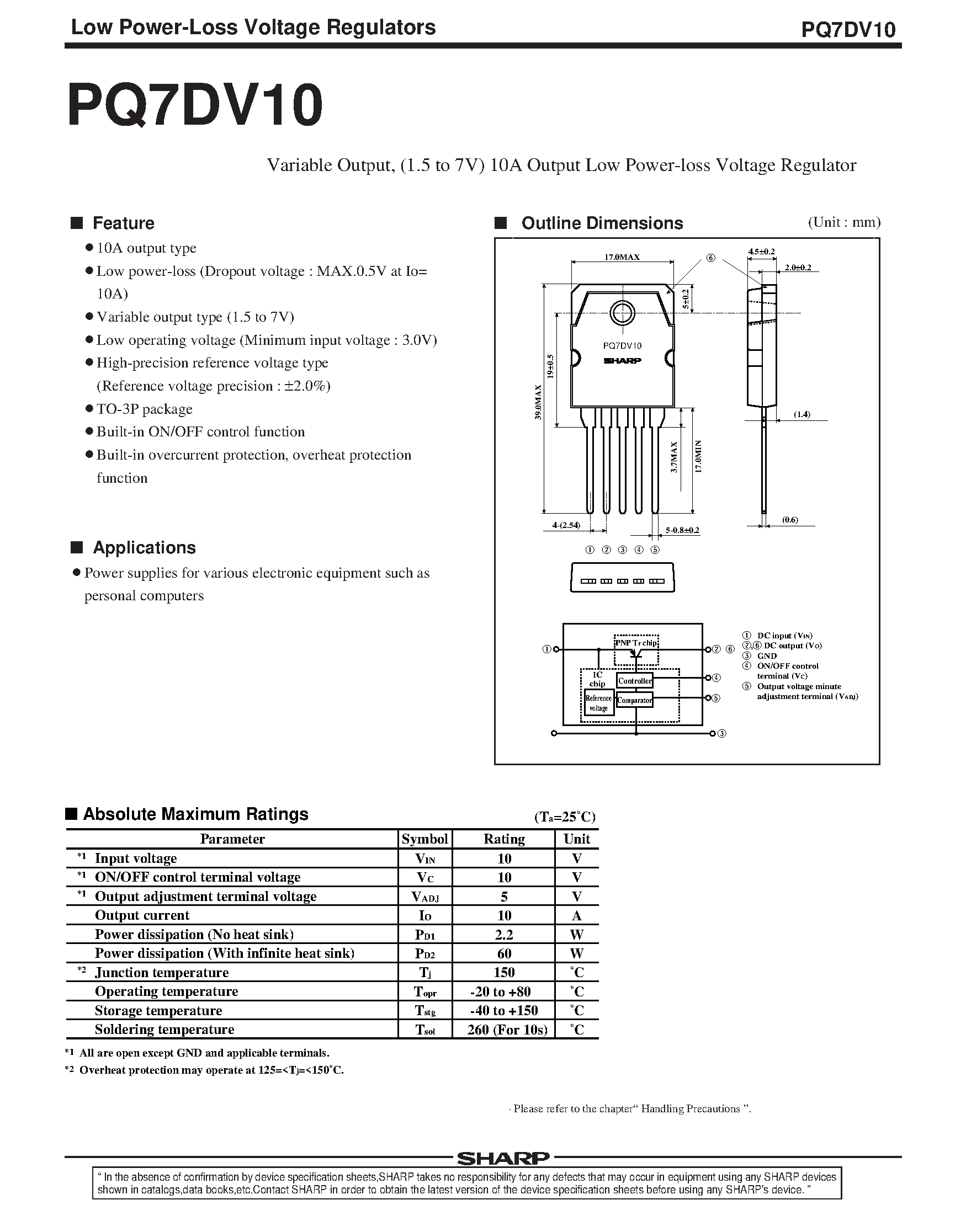 Datasheet PQ7DV10 - Variable Output / (1.5 to 7V) 10A Output Low Power-loss Voltage Regulator page 1