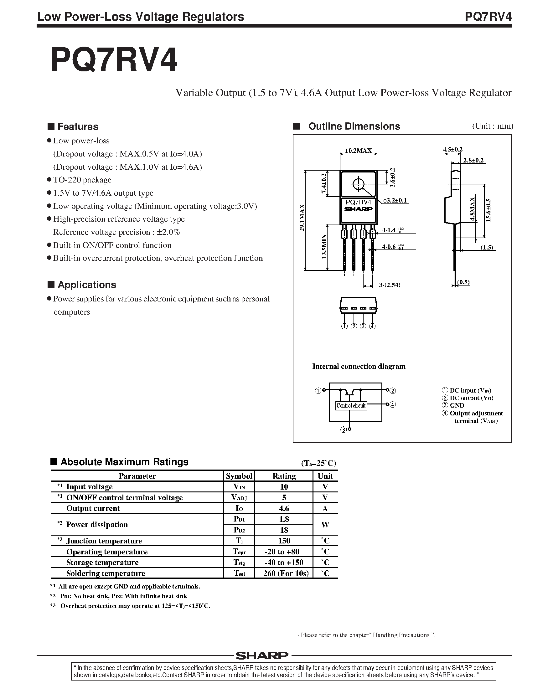 Даташит PQ7RV4 - Variable Output (1.5 to 7V) / 4.6A Output Low Power-loss Voltage Regulator страница 1
