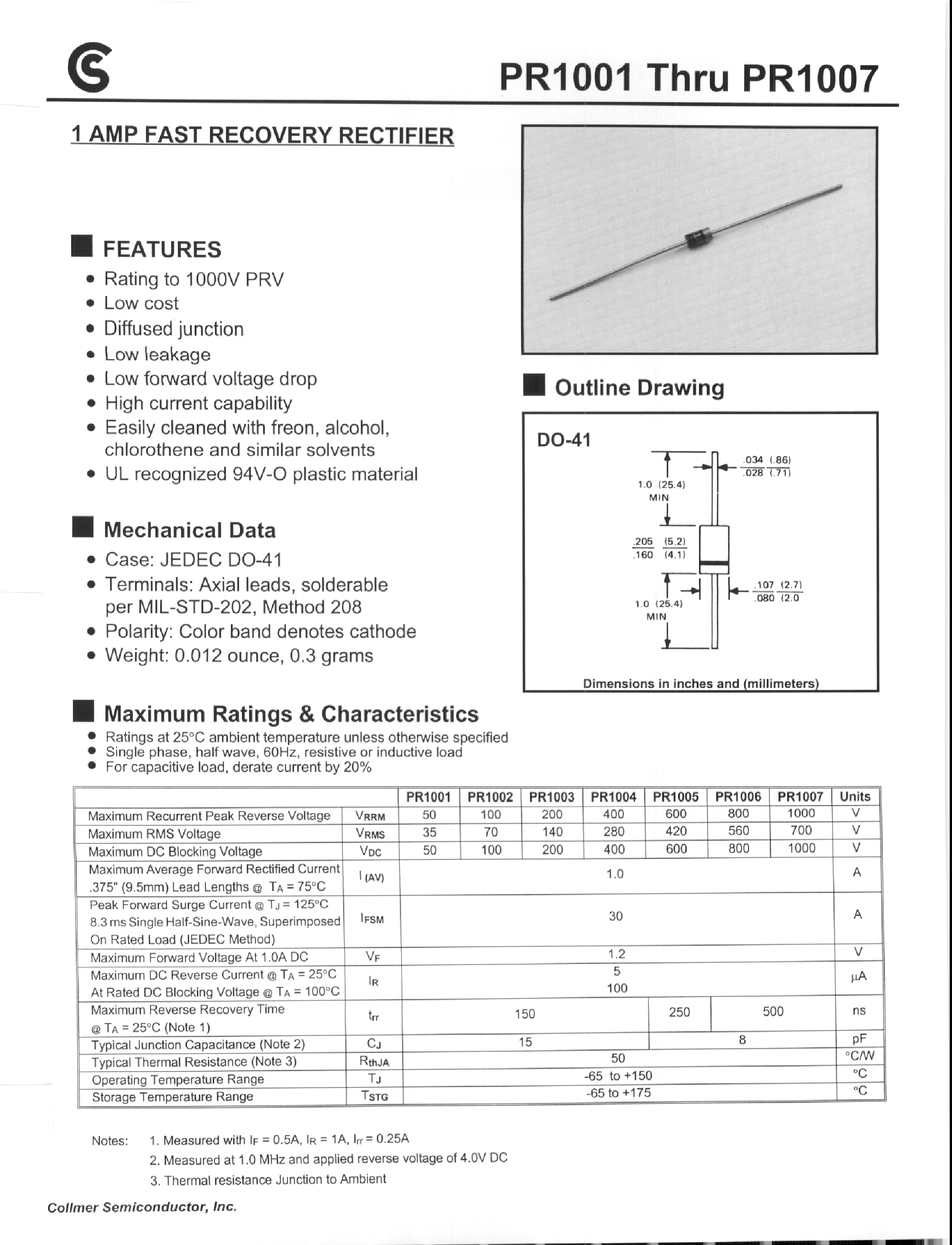 Даташит PR1003 - 1 AMP FAST RECOVERY RECTIFIER страница 1