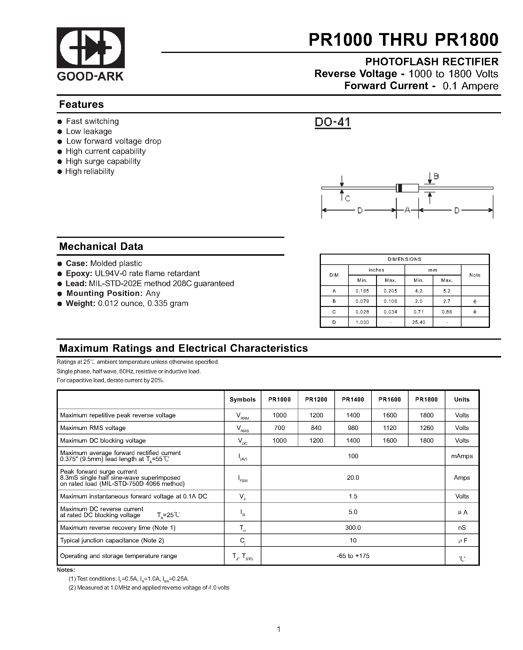 Даташит PR1800 - PHOTOFLASH RECTIFIER страница 1