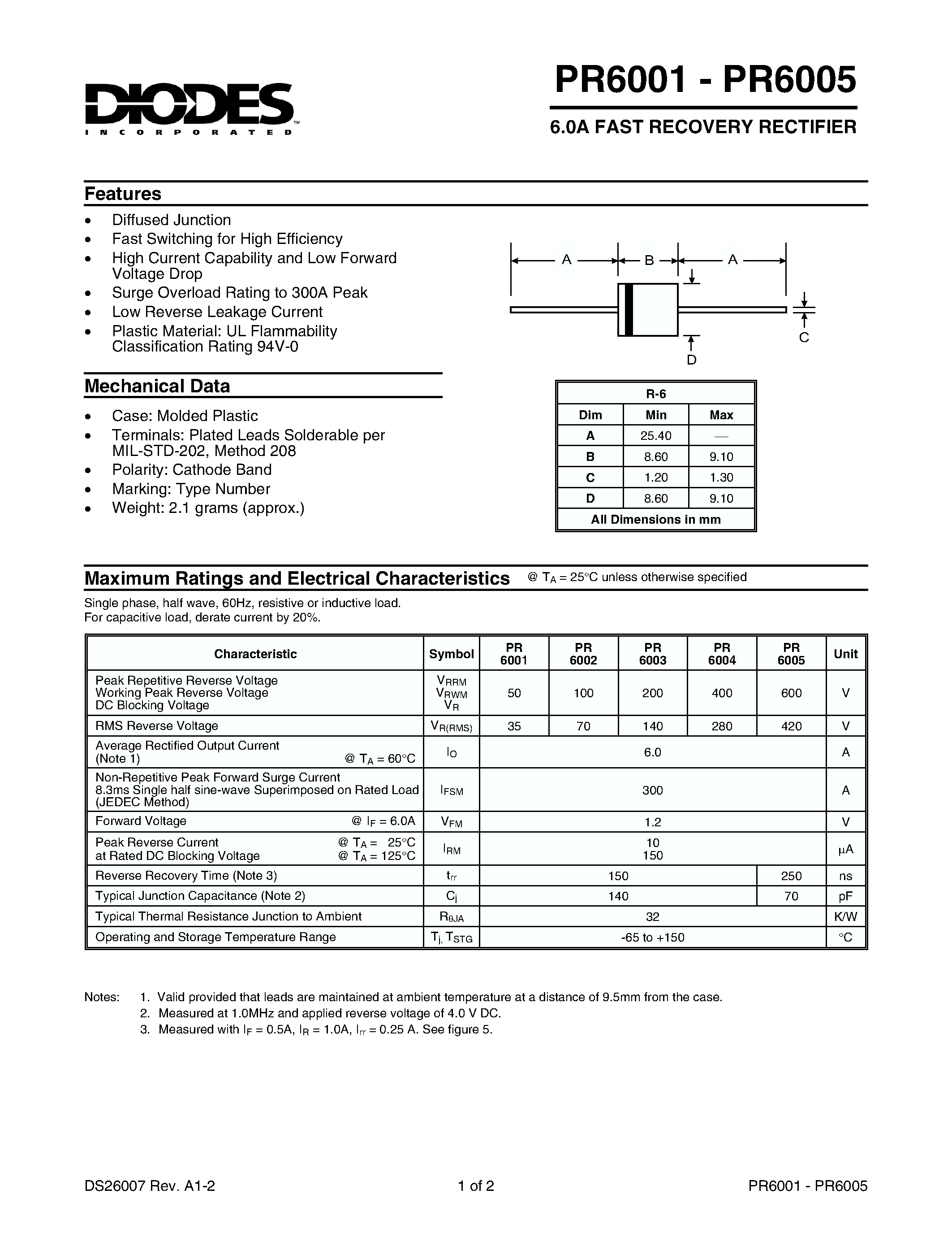 Datasheet PR6002 - 6.0A FAST RECOVERY RECTIFIER page 1