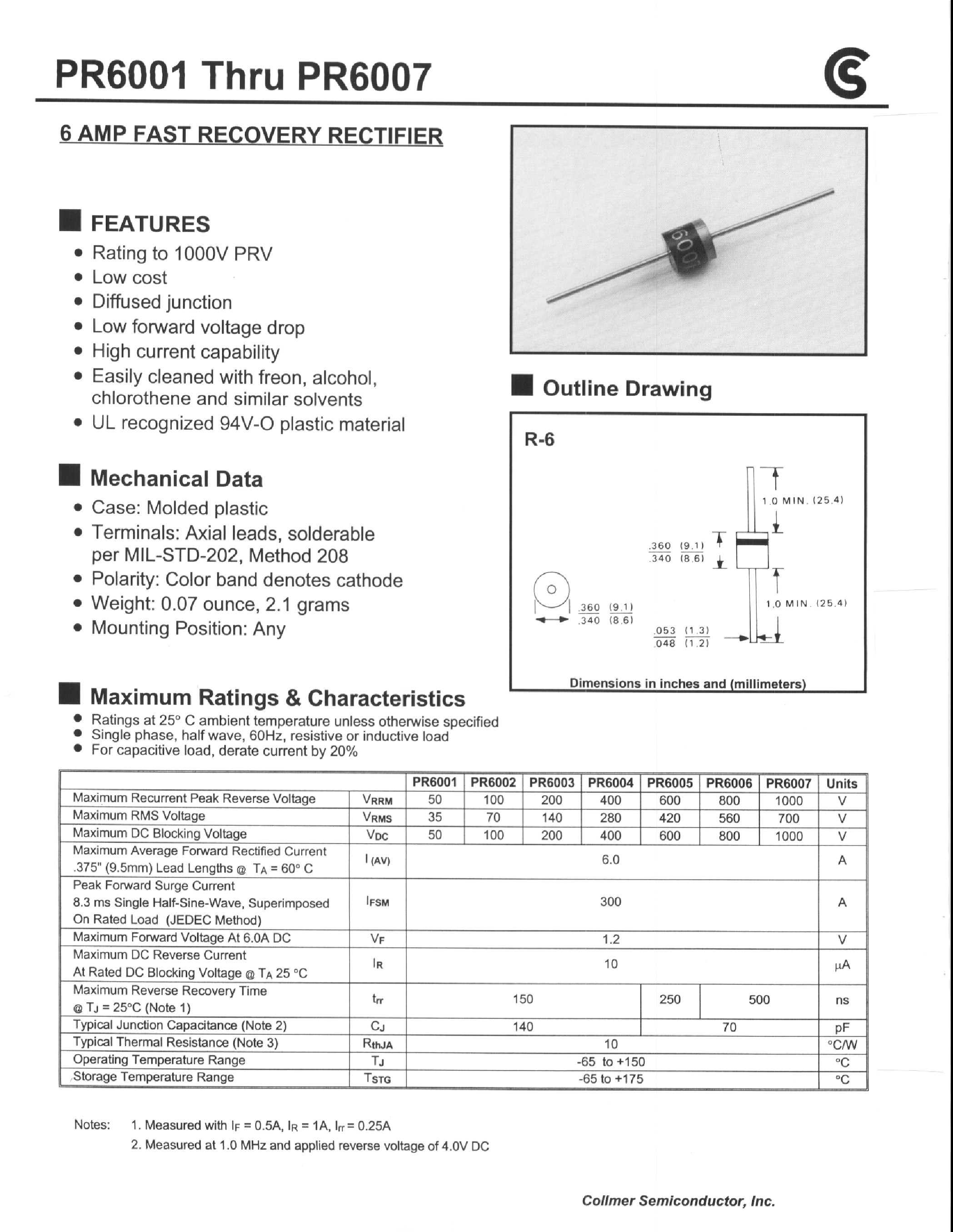 Datasheet PR6006 page 1 Datasheet PR6006 - 6 AMP FAST RECOVERY RECTIFIER page 1