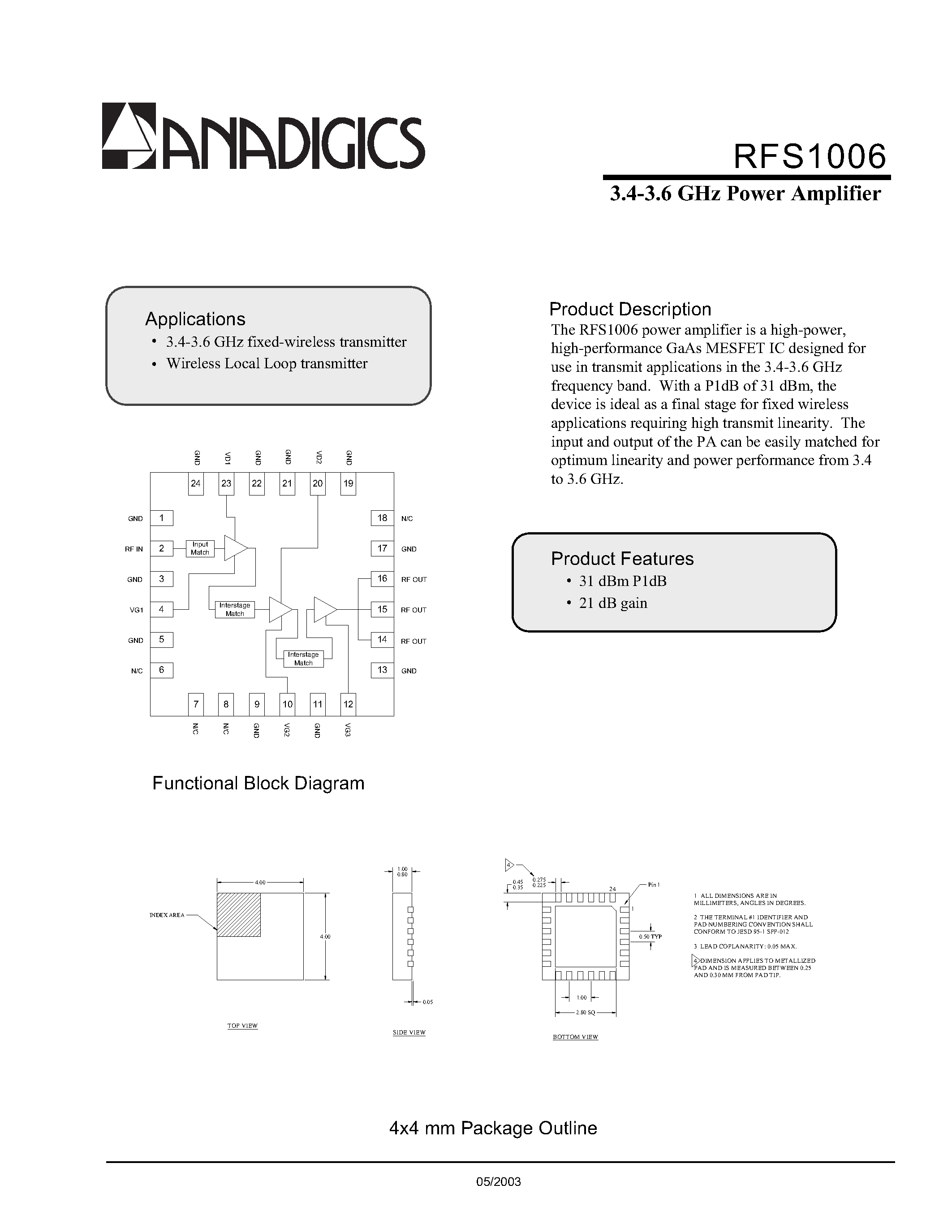 Datasheet PRFS-1006-0008 - 3.4-3.6 GHz Power Amplifier page 1