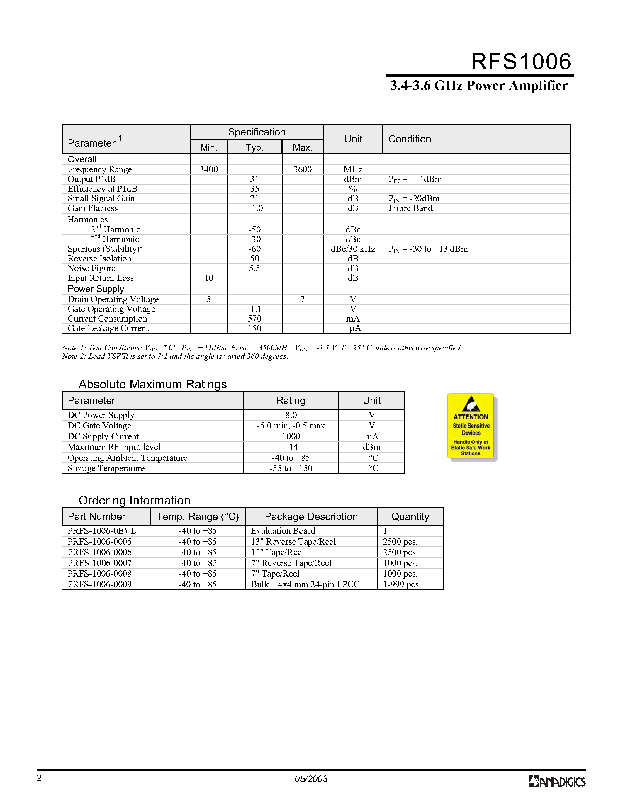 Datasheet PRFS-1006-0008 - 3.4-3.6 GHz Power Amplifier page 2