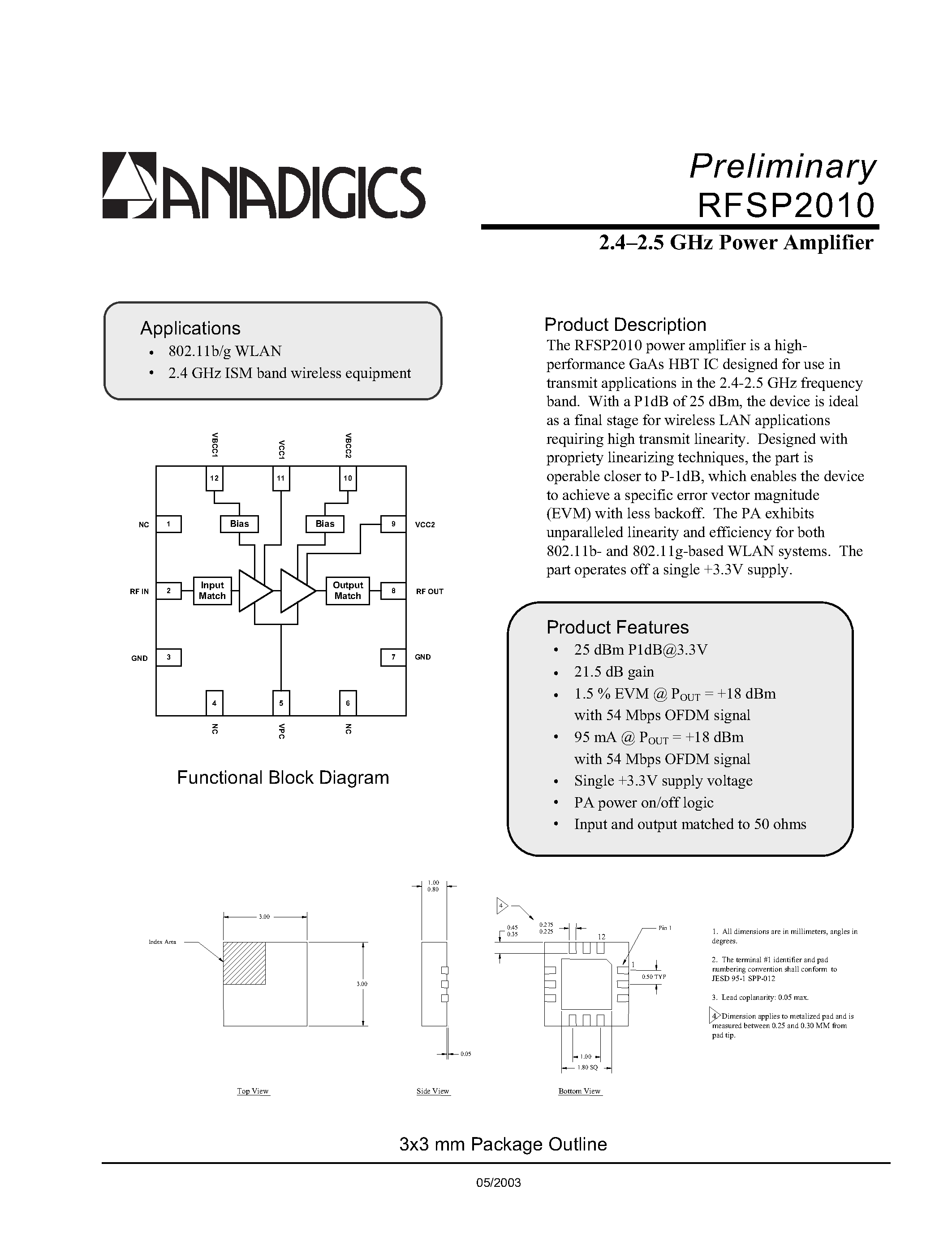 Datasheet PRFS-P2010-EVL - 2.42.5 GHz Power Amplifier page 1