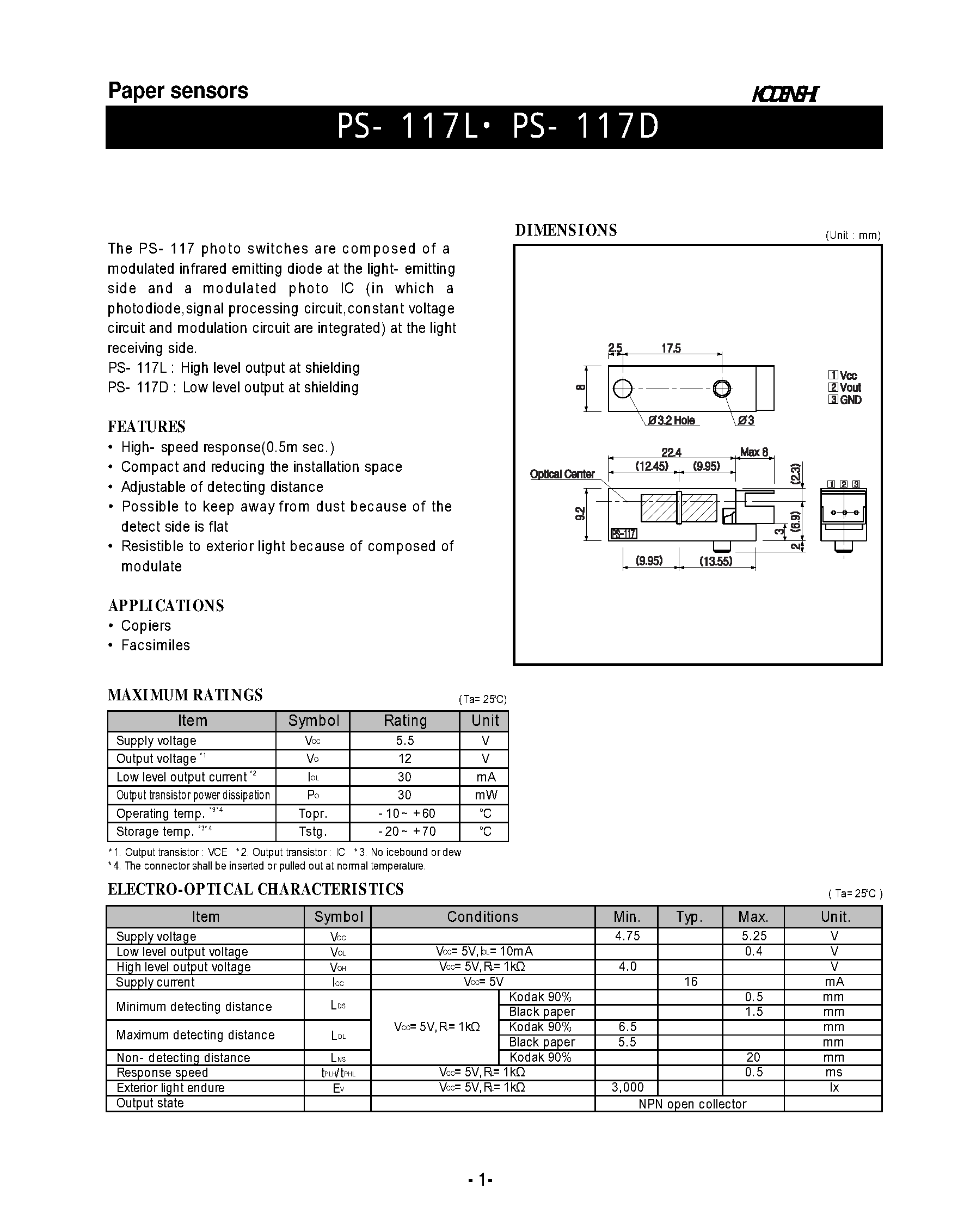 Datasheet PS-117L - Paper sensors(photo switches are composed of a modulated infrared emitting) page 1
