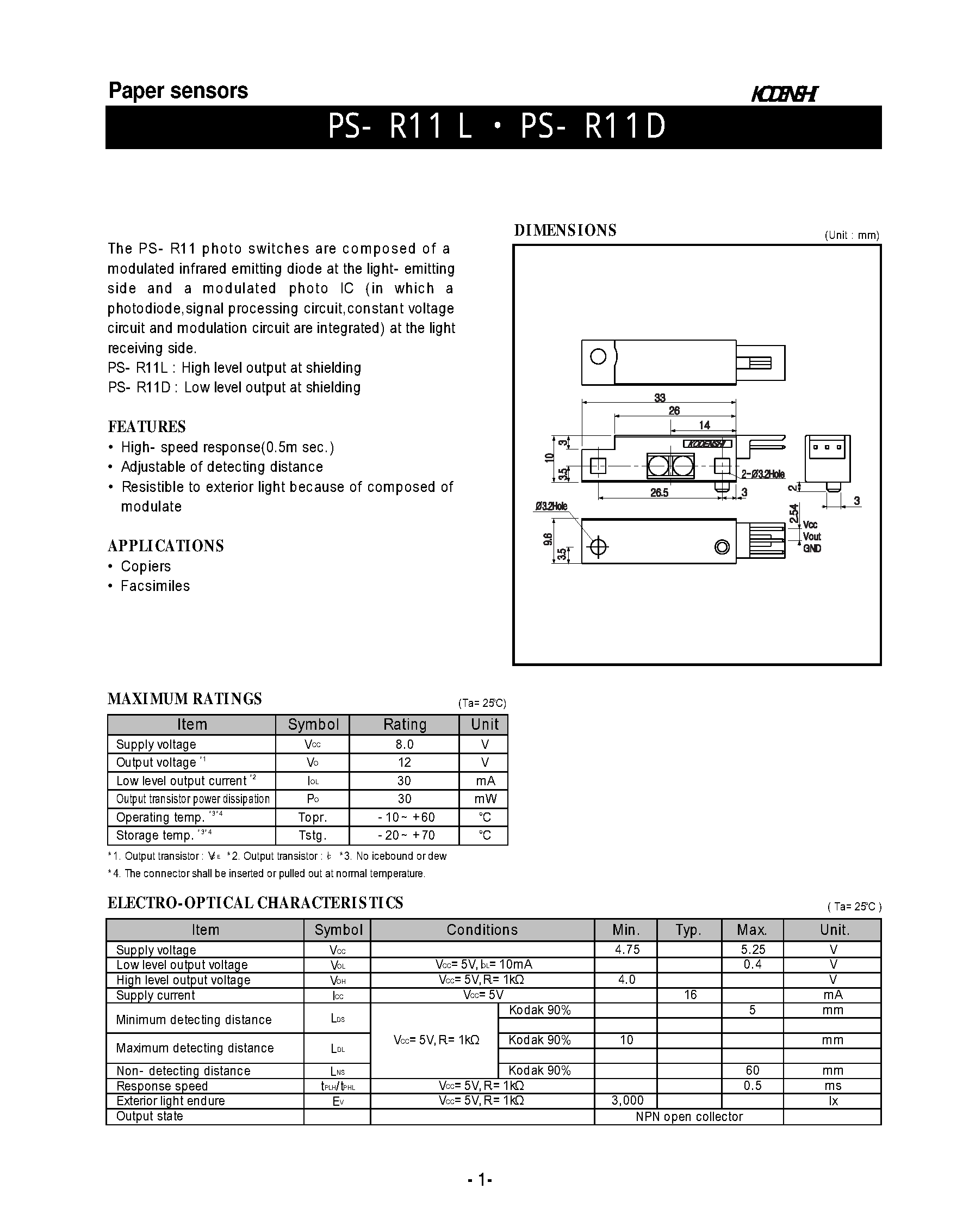 Datasheet PS-R11D - Paper sensors(photo switches are composed of a modulated infrared emitting) page 1