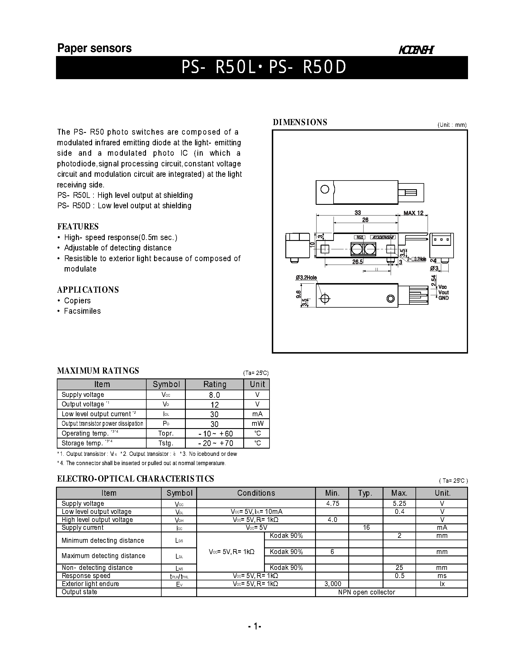 Datasheet PS-R50D - Paper sensors(photo switches are composed of a modulated infrared emitting) page 1