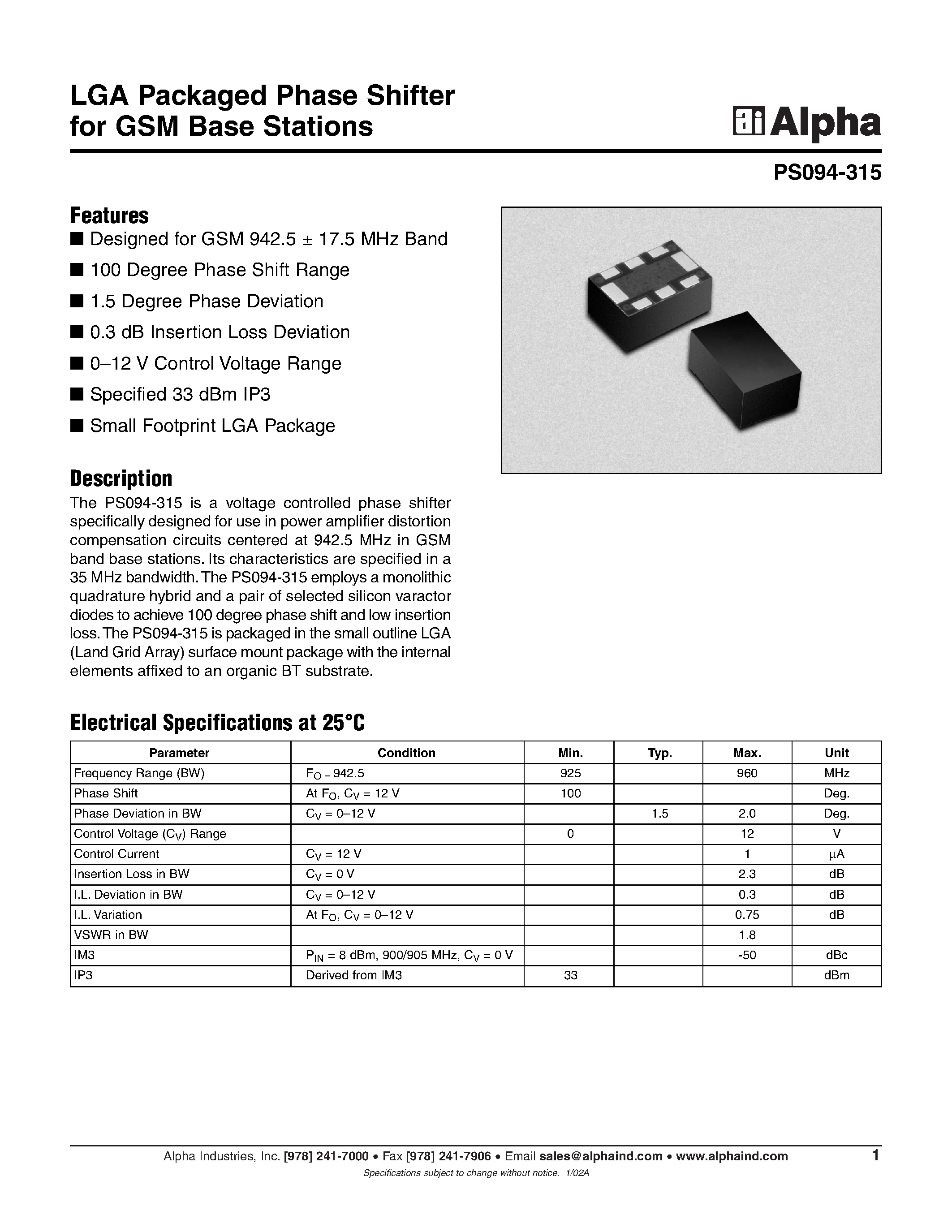 Даташит PS094-315 - LGA Packaged Phase Shifter for GSM Base Stations страница 1