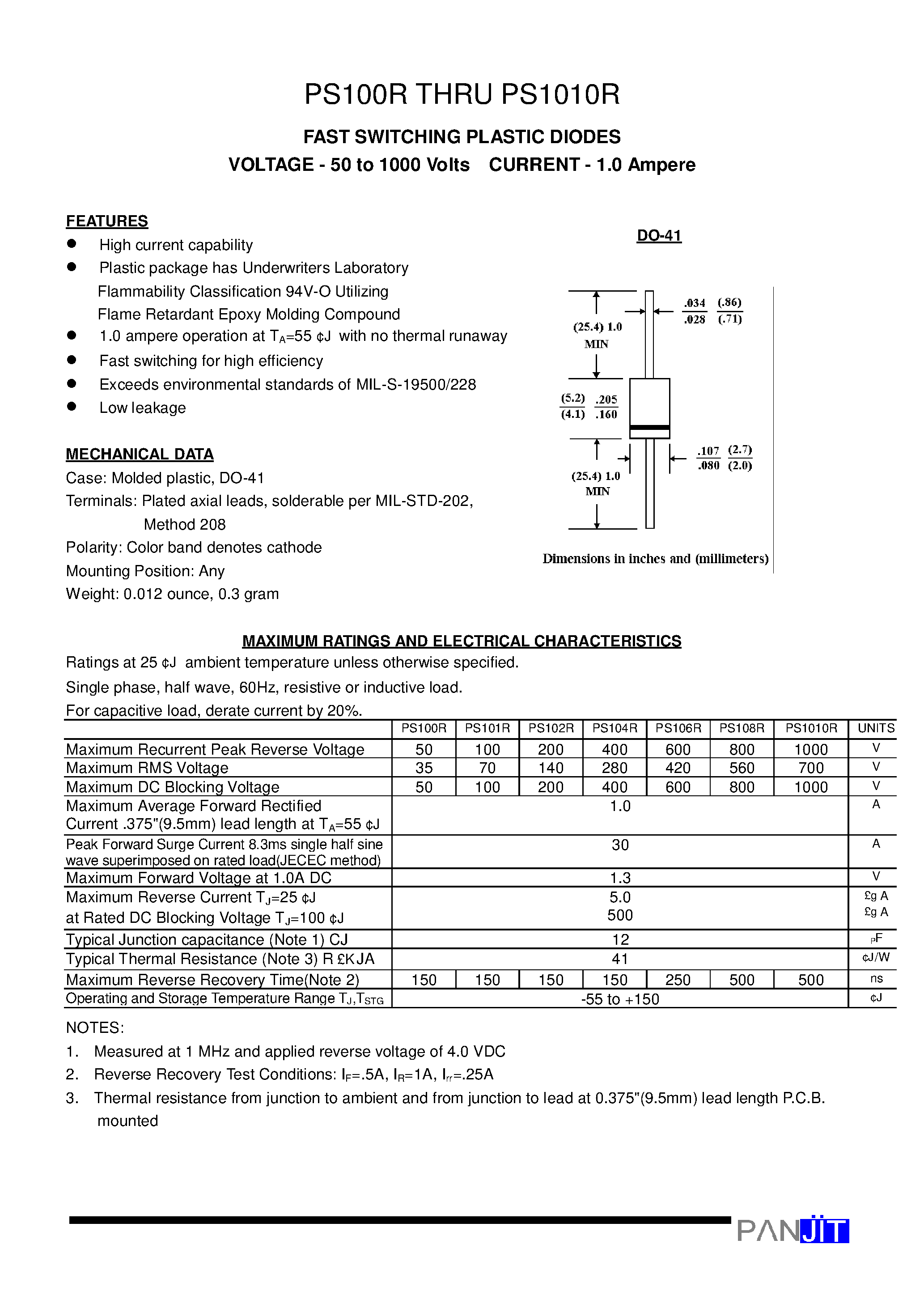Datasheet PS1010R - FAST SWITCHING PLASTIC DIODES(VOLTAGE - 50 to 1000 Volts CURRENT - 1.0 Ampere) page 1