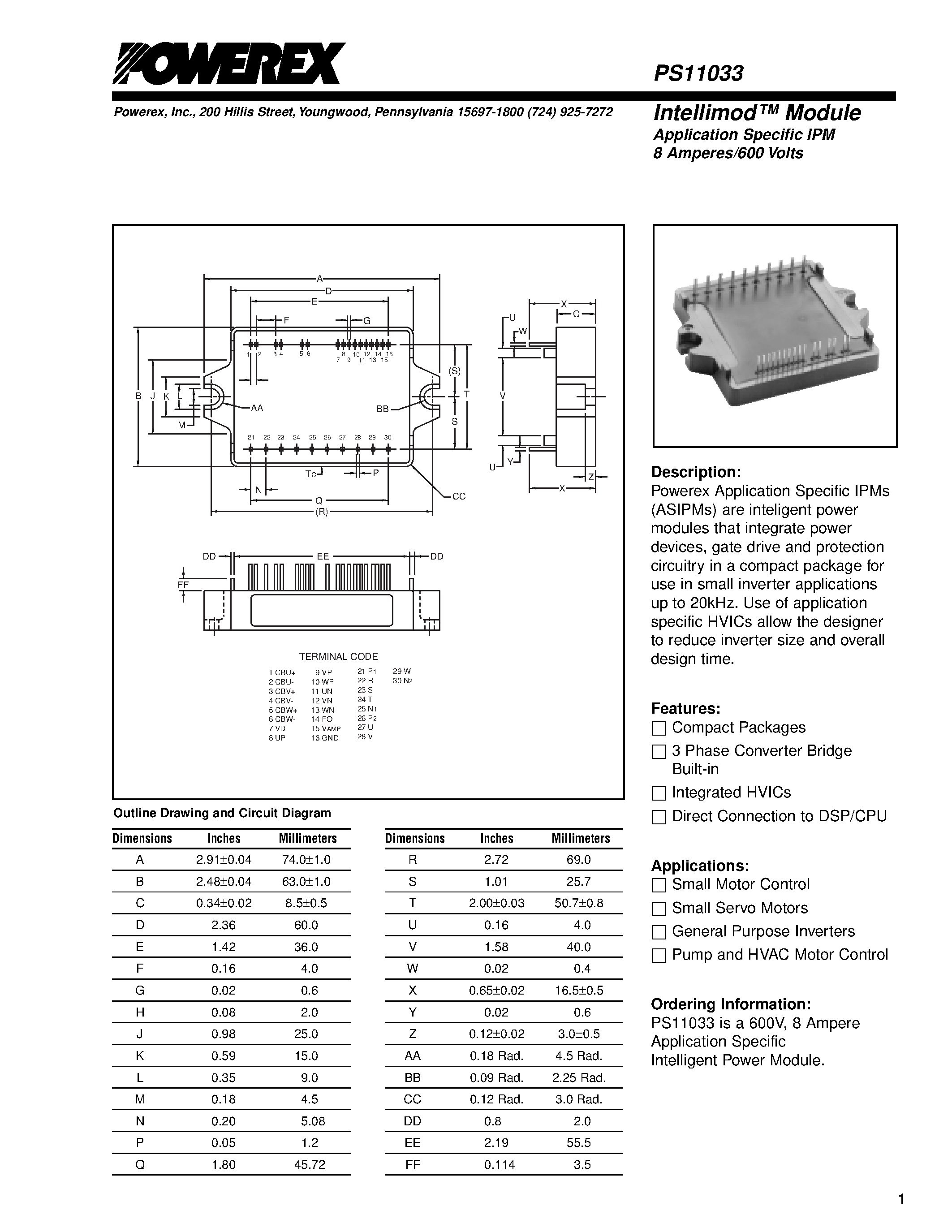 Даташит PS11033 - Intellimod Module Application Specific IPM (8 Amperes/600 Volts) страница 1