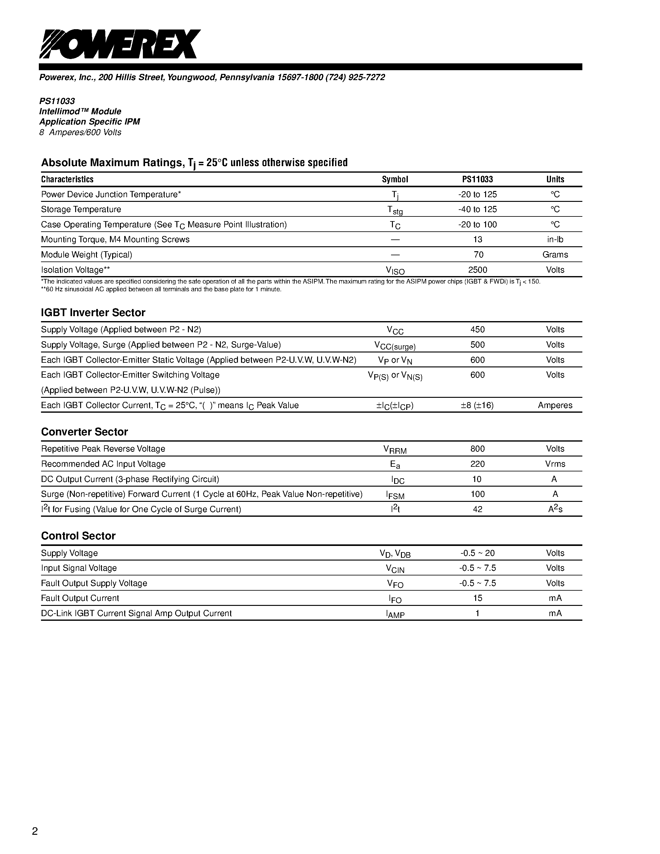 Даташит PS11033 - Intellimod Module Application Specific IPM (8 Amperes/600 Volts) страница 2