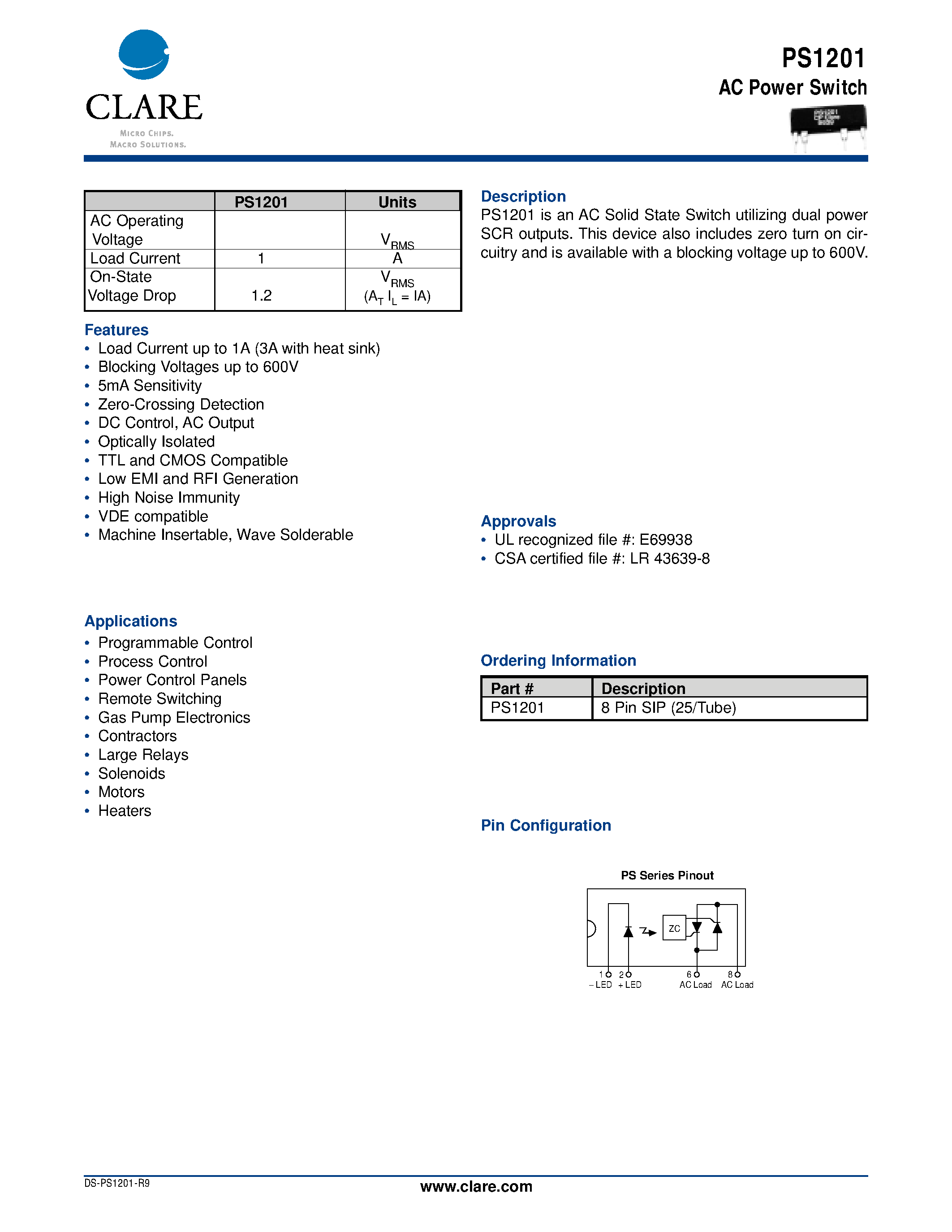 Datasheet PS1201 page 1 Datasheet PS1201 - AC Power Switch page 1