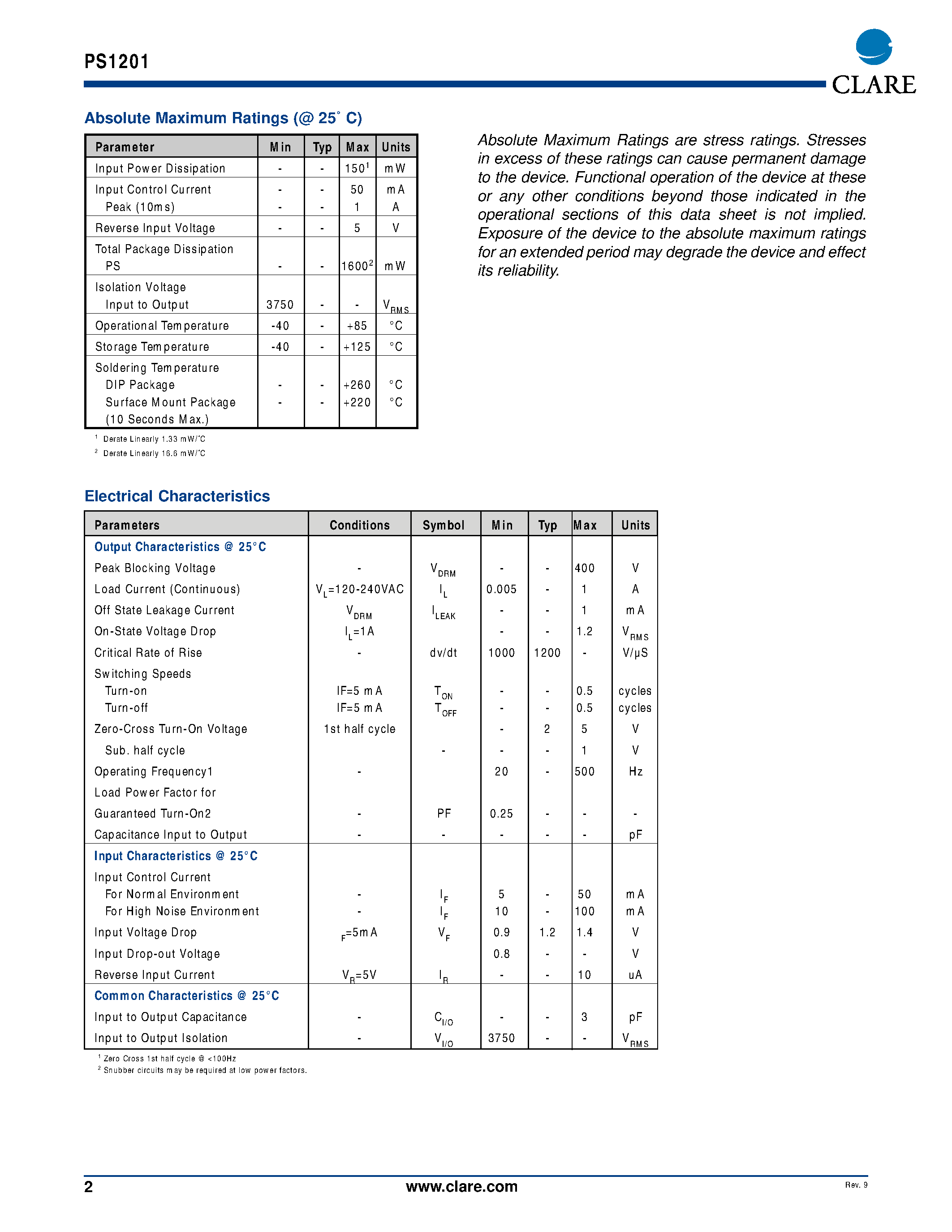 Datasheet PS1201 page 2 Datasheet PS1201 - AC Power Switch page 2