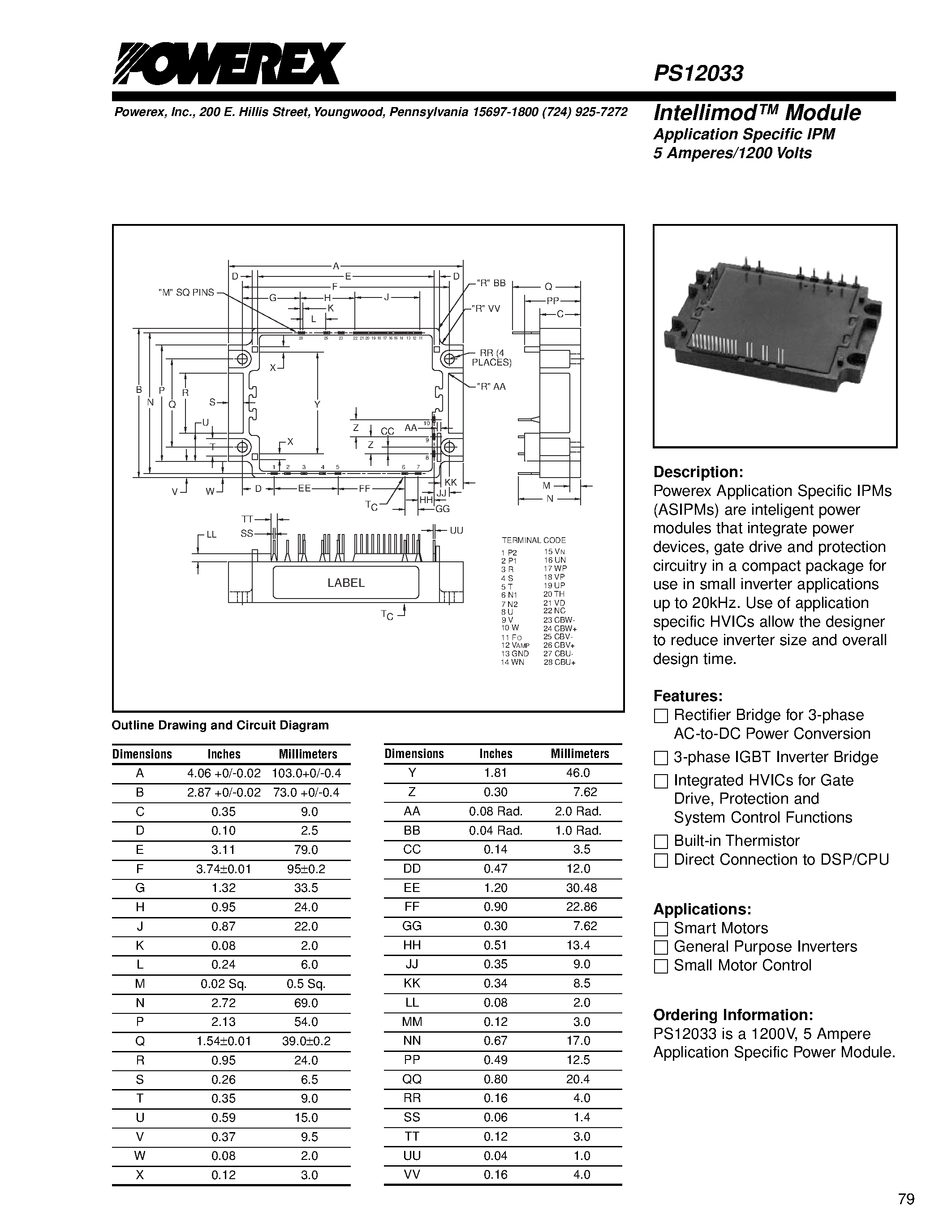Datasheet PS12033 - Intellimod Module Application Specific IPM (5 Amperes/1200 Volts) page 1