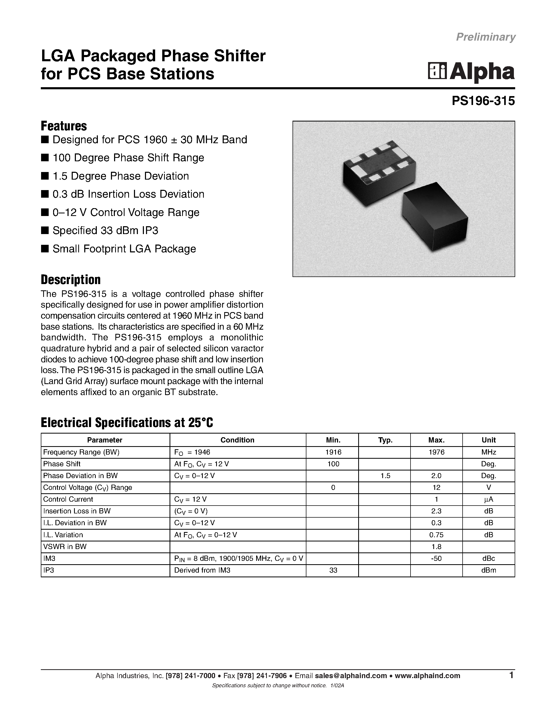 Даташит PS196-315 - LGA Packaged Phase Shifter for PCS Base Stations страница 1