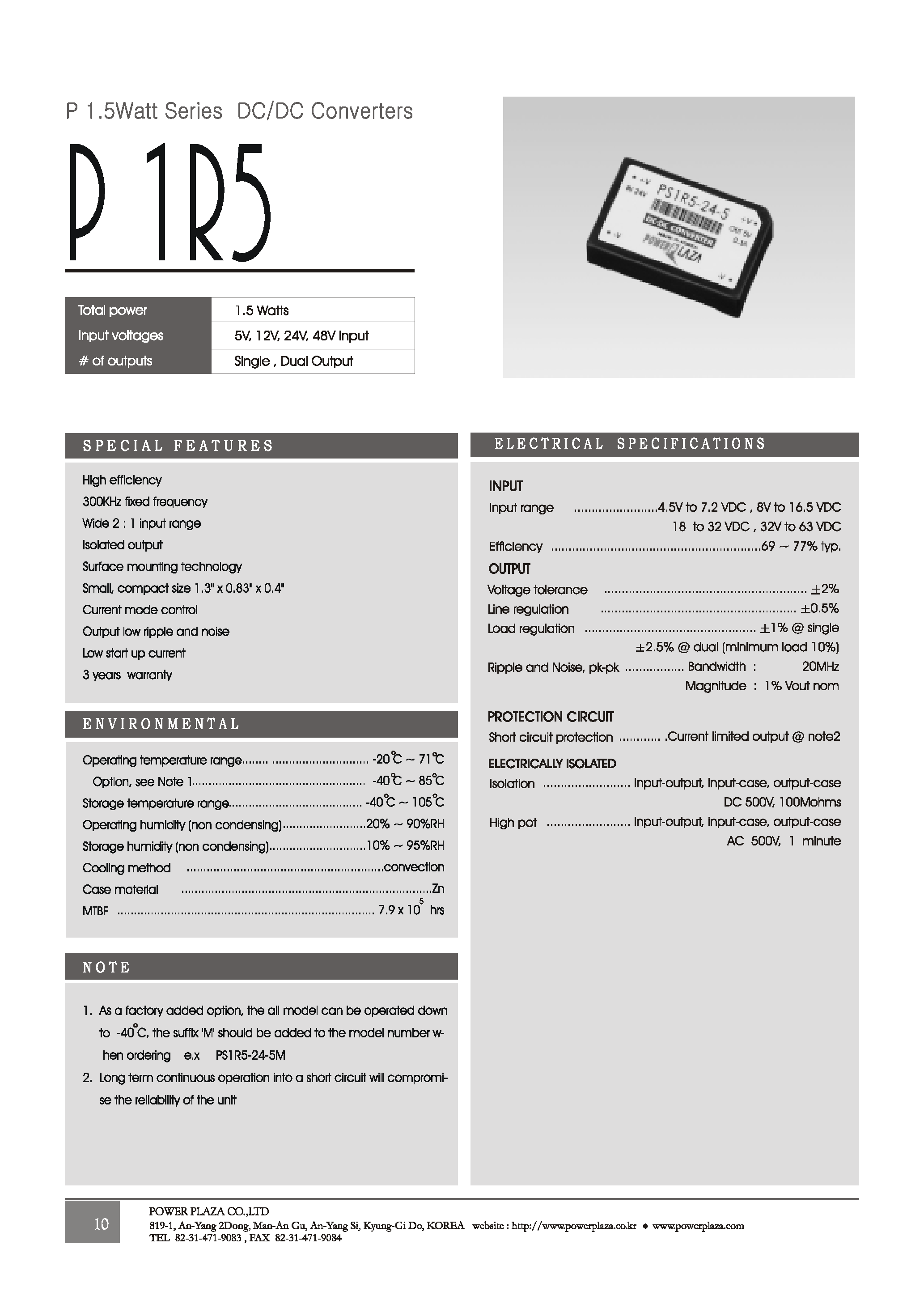 Даташит PS1R5 - 1.5Watt Series DC/DC Converters страница 1