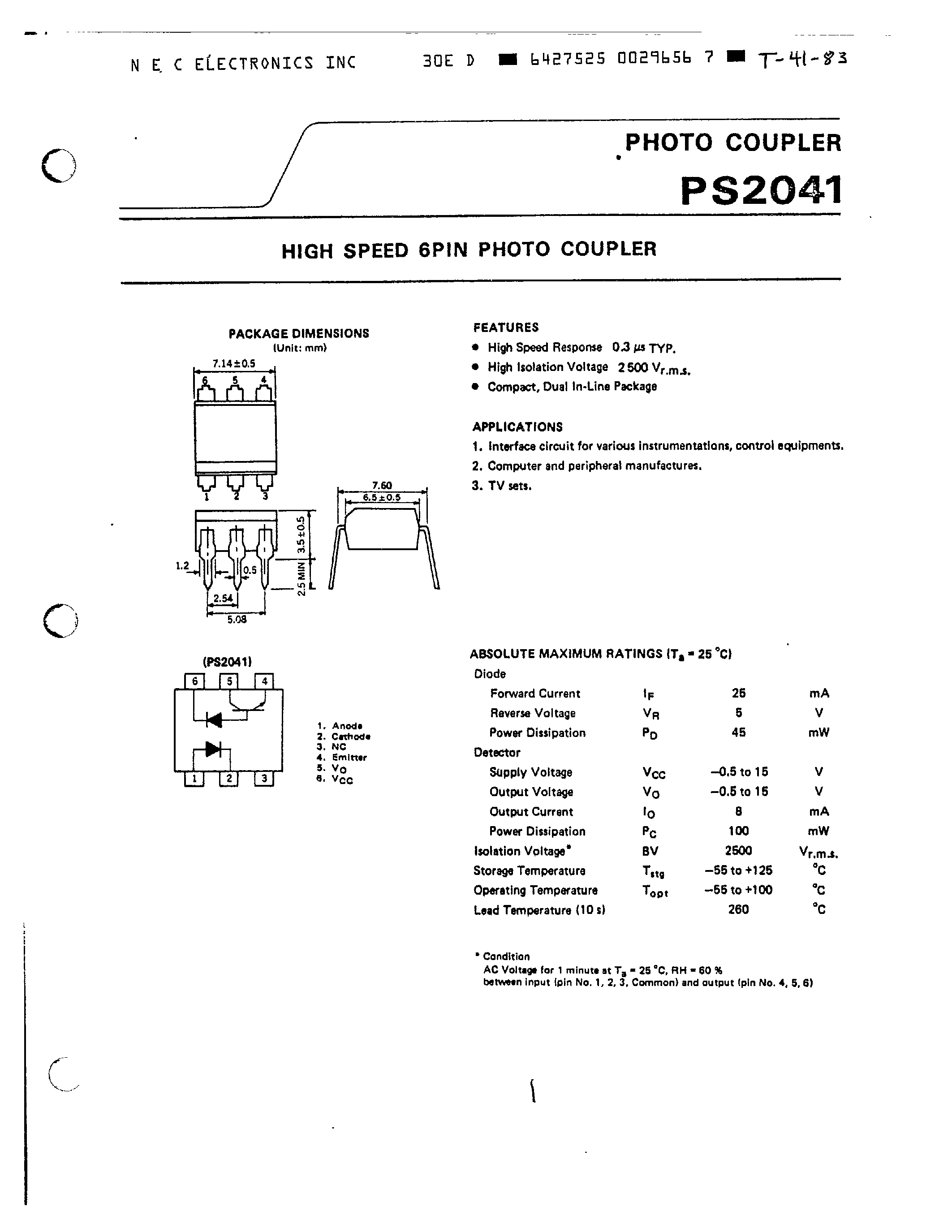 Datasheet PS2041 - HIGH SPEED 6 PIN PHOTO COUPLER page 1