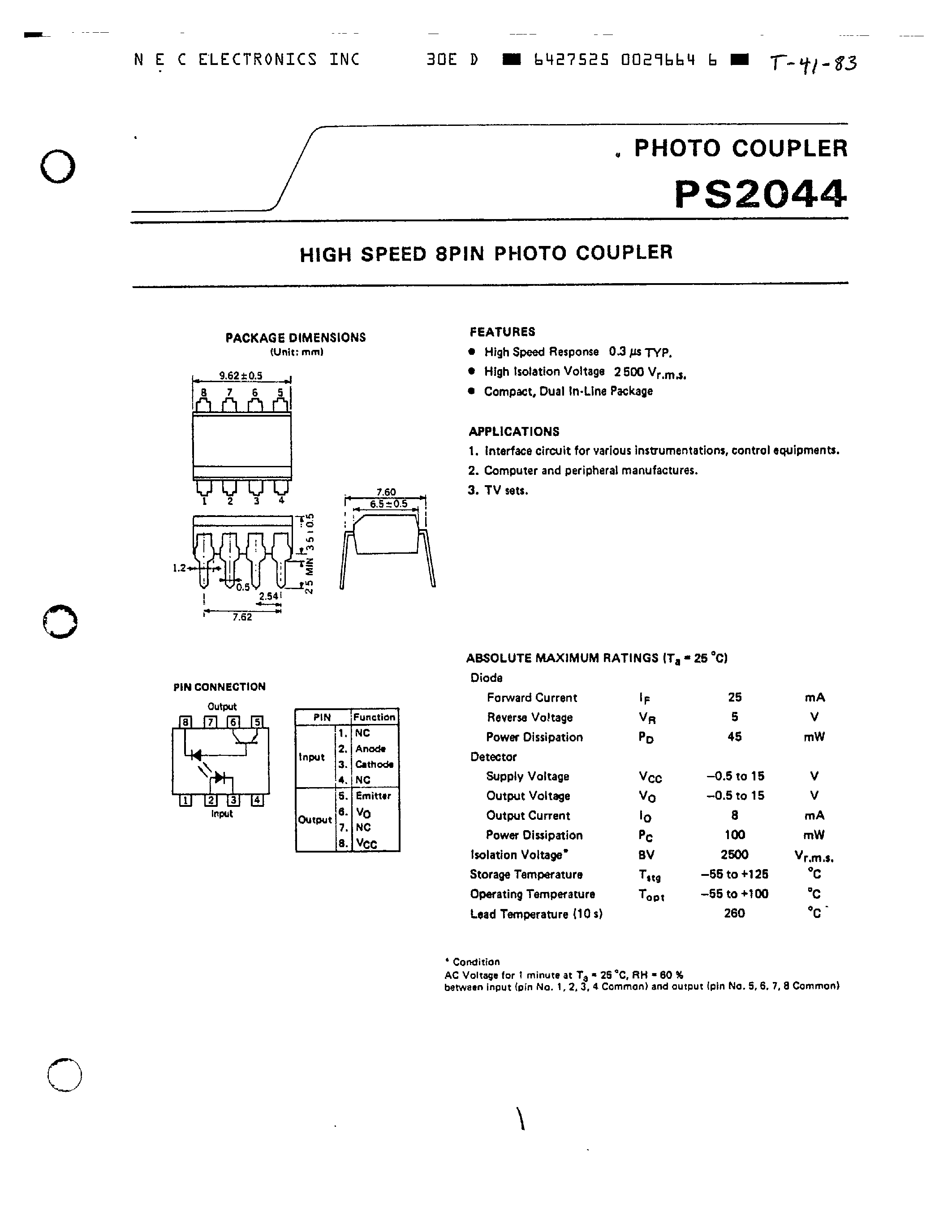 Даташит PS2044 - HIGH SPEED 8 PIN POTO COUPLER страница 1