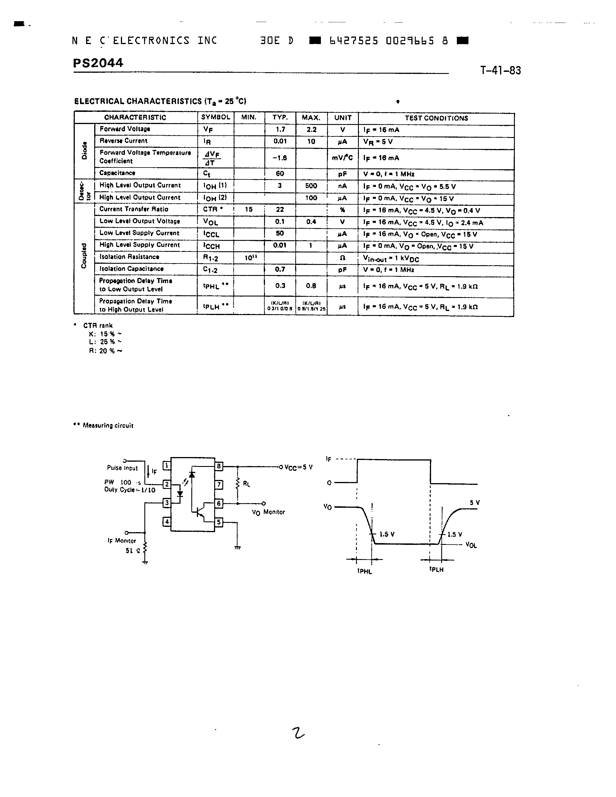 Даташит PS2044 - HIGH SPEED 8 PIN POTO COUPLER страница 2